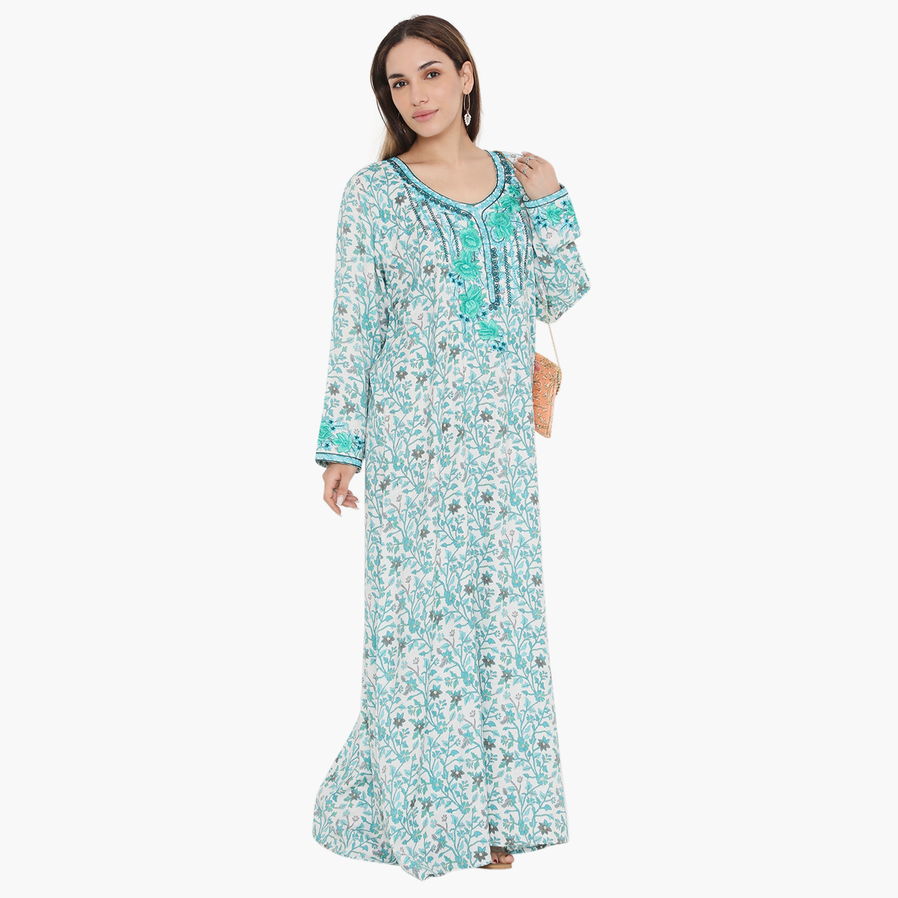 جلابية نسائية مطرزة ومطرزة بالورود الازرق ذات يوك من هناء وسارة-women-arabicclothing-jalabiyas-image-4