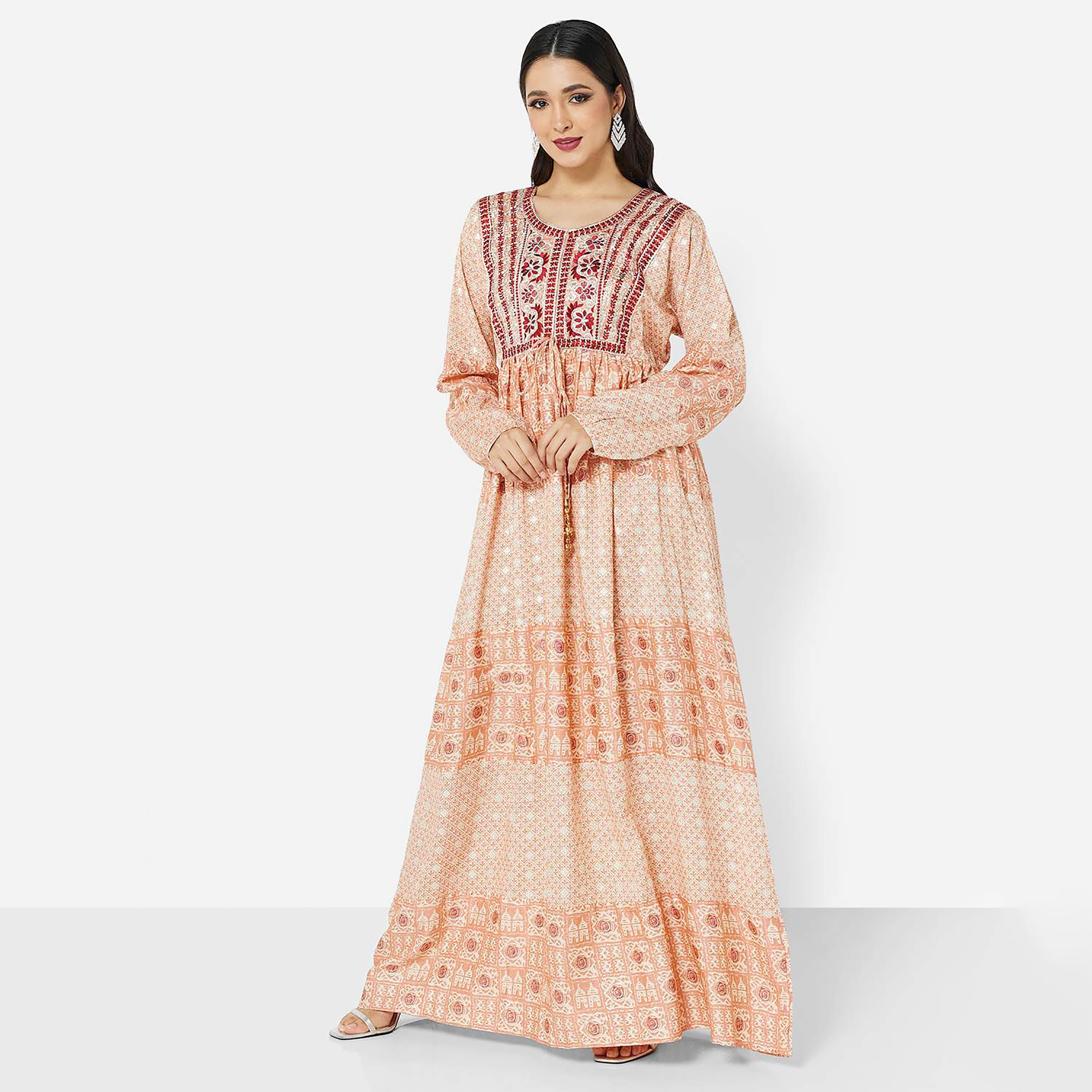 Hana & Sara Rust Embroidered Women's Jalabiya with Hijab-women-arabicclothing-jalabiyas-image-1