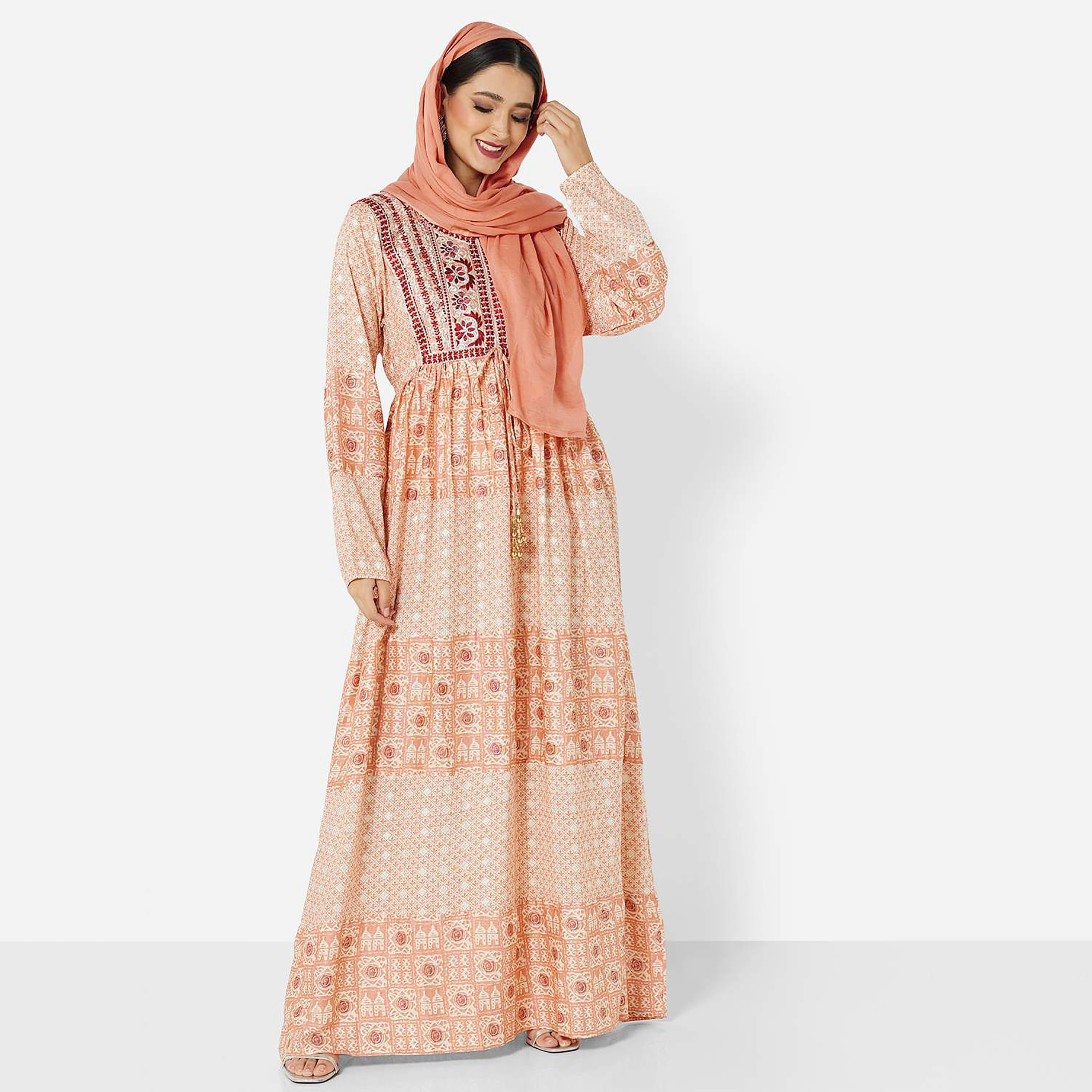 Hana & Sara Rust Embroidered Women's Jalabiya with Hijab-women-arabicclothing-jalabiyas-image-3