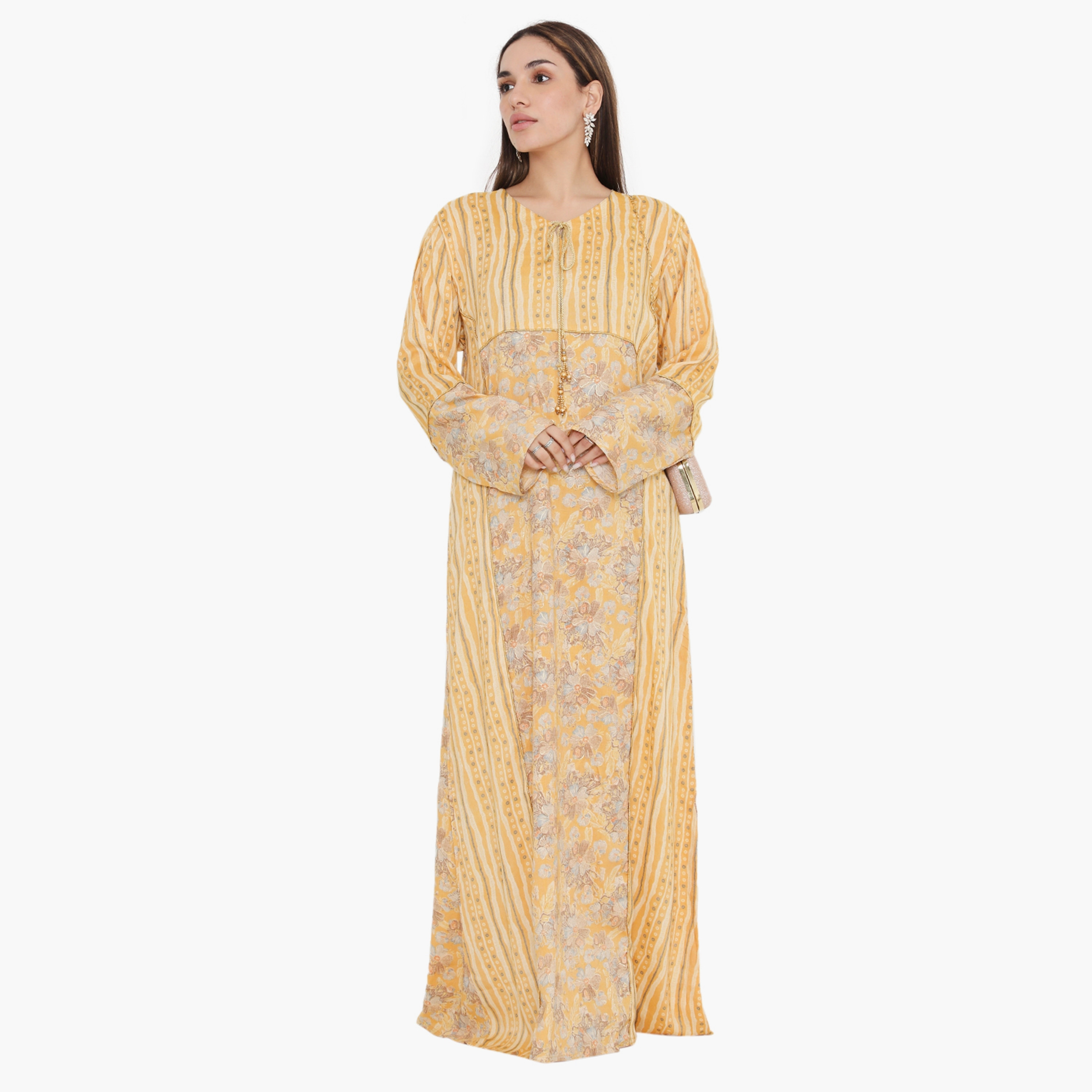 Hana & Sara Floral and Piping Detail Women's Jalabiya-women-arabicclothing-jalabiyas-image-1