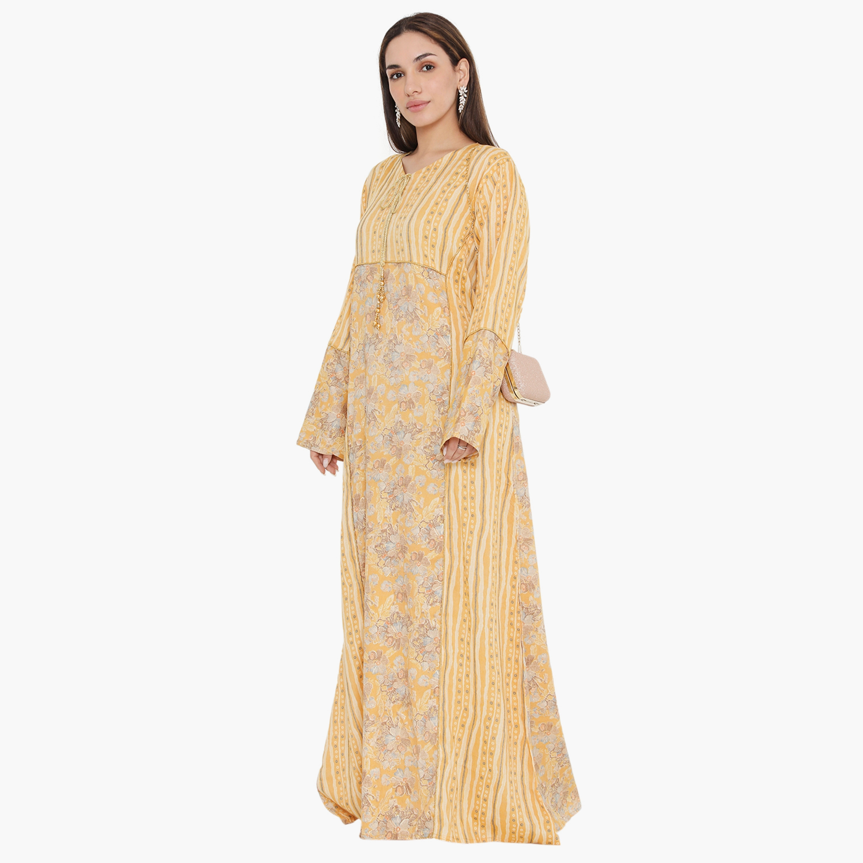 Hana & Sara Floral and Piping Detail Women's Jalabiya-women-arabicclothing-jalabiyas-image-3