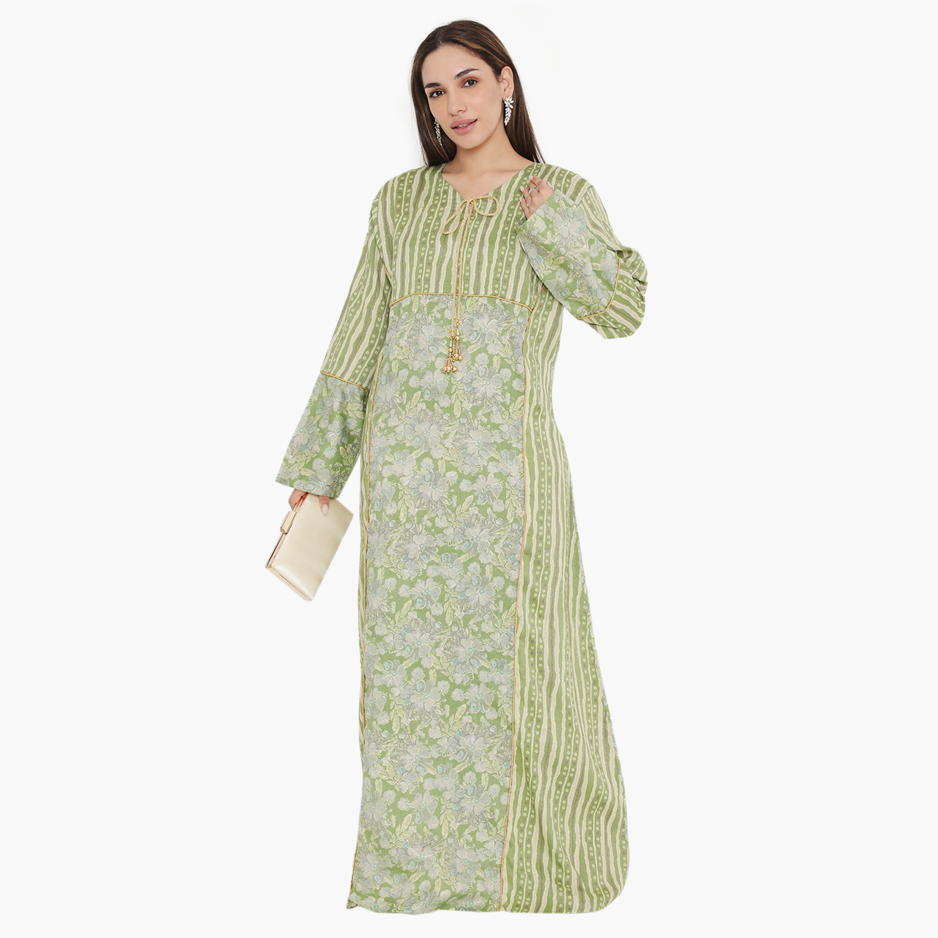 Hana & Sara Floral and Piping Detail Women's Jalabiya-women-arabicclothing-jalabiyas-image-1