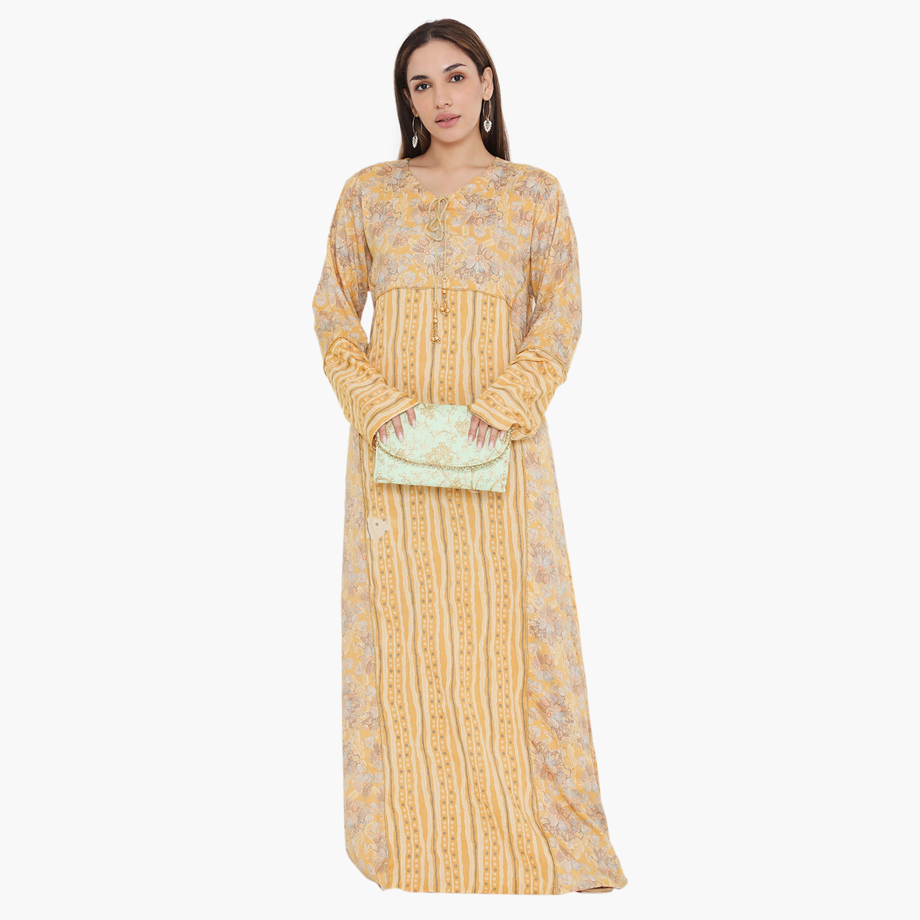 Hana & Sara Yellow Floral and Piping Detail Women's Jalabiya-women-arabicclothing-jalabiyas-image-1