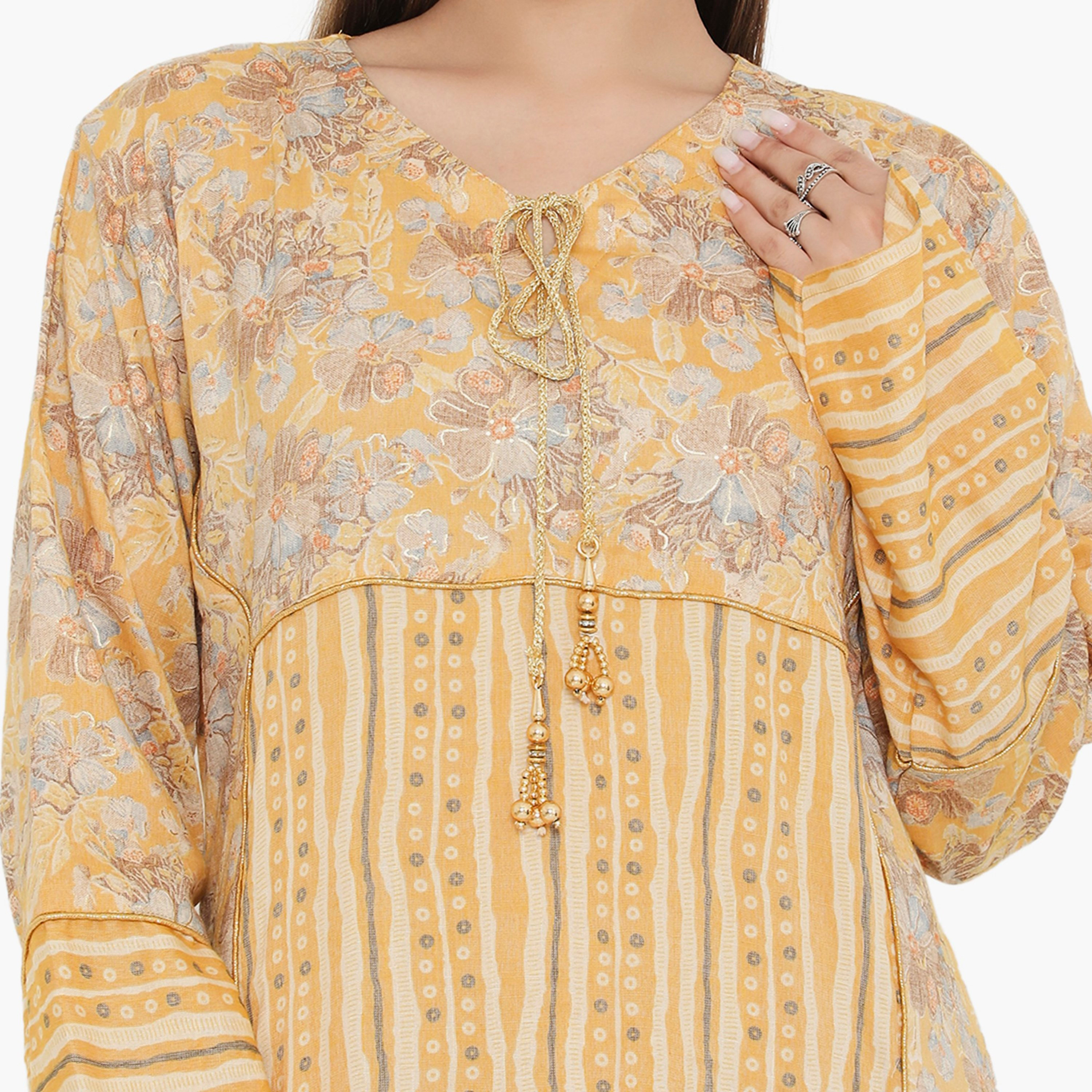 Hana & Sara Yellow Floral and Piping Detail Women's Jalabiya-women-arabicclothing-jalabiyas-image-2