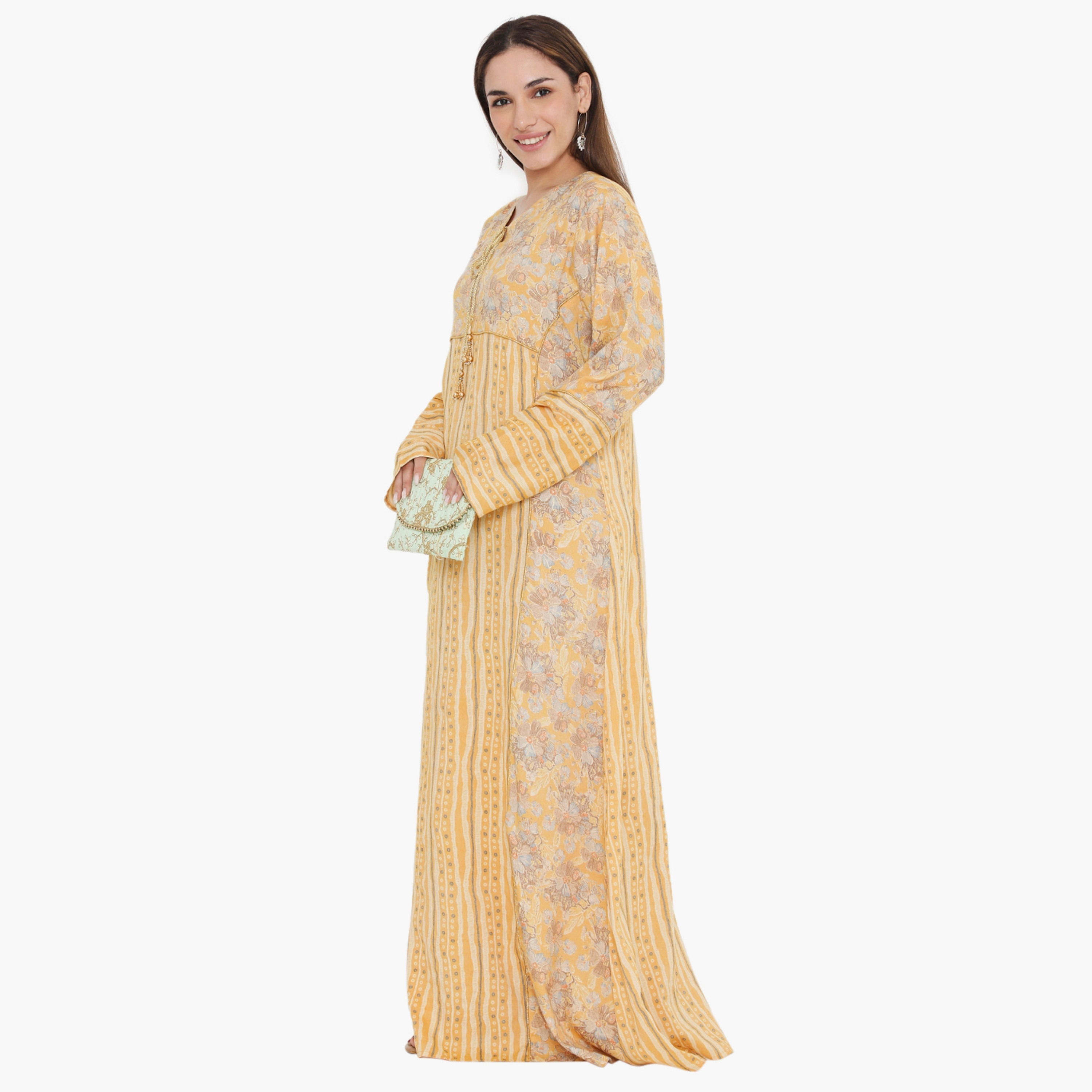 Hana & Sara Yellow Floral and Piping Detail Women's Jalabiya-women-arabicclothing-jalabiyas-image-3