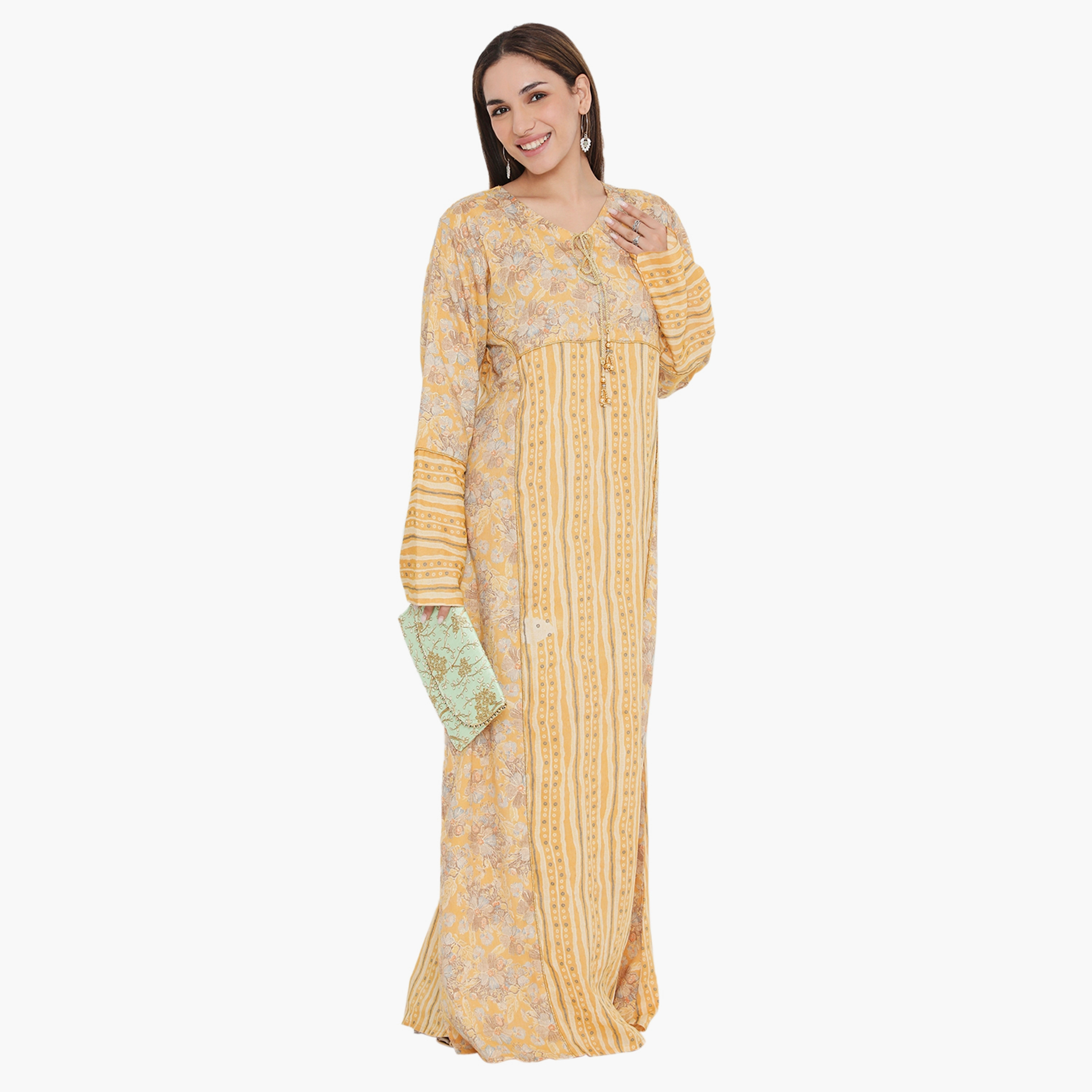 Hana & Sara Yellow Floral and Piping Detail Women's Jalabiya-women-arabicclothing-jalabiyas-image-4