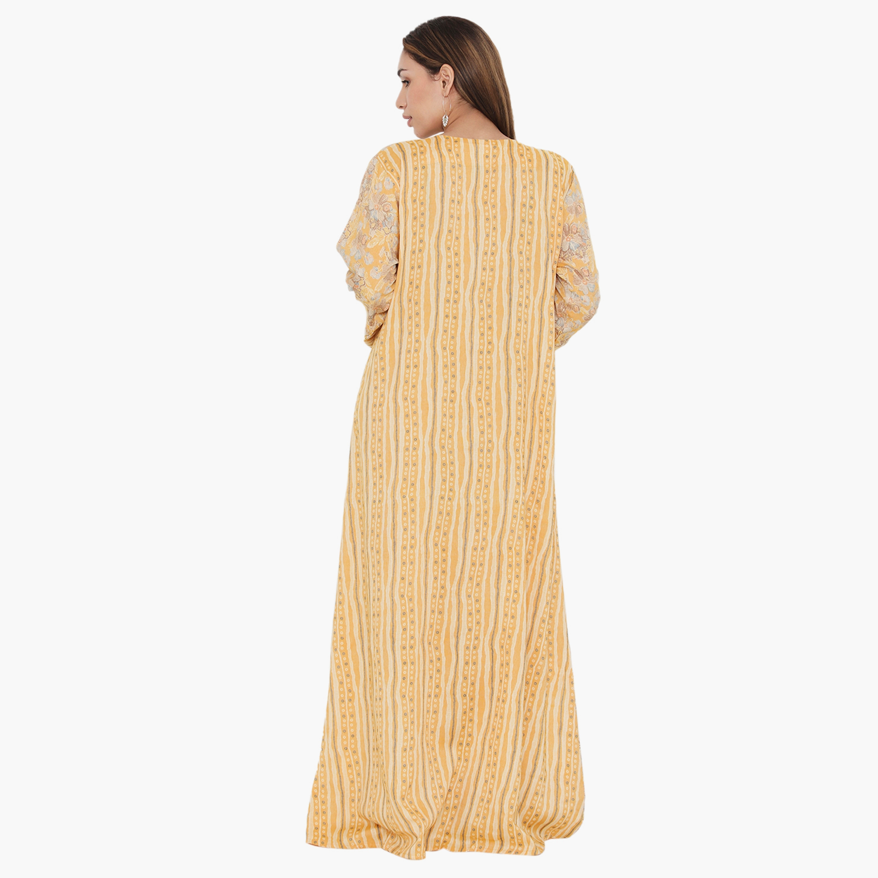 Hana & Sara Yellow Floral and Piping Detail Women's Jalabiya-women-arabicclothing-jalabiyas-image-5