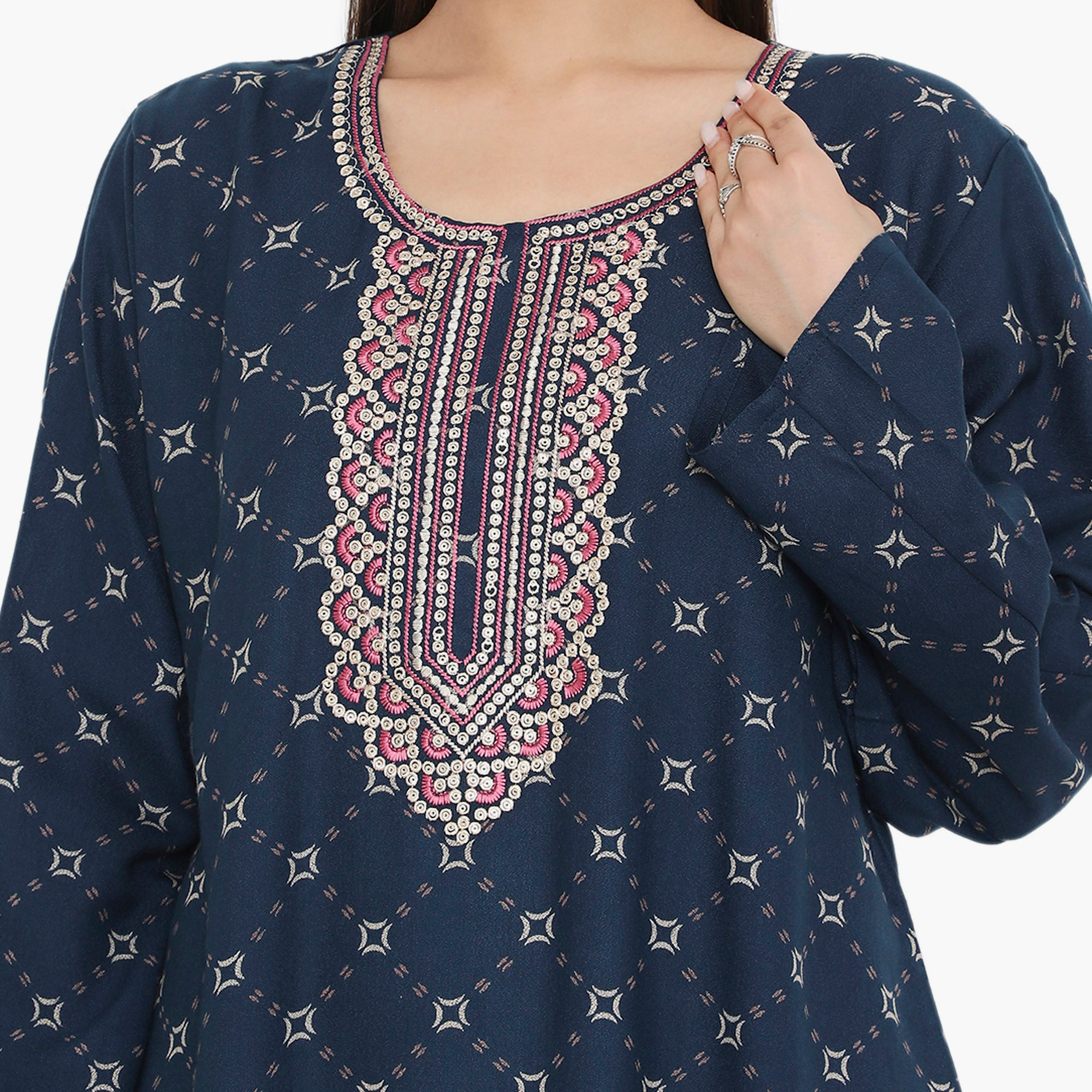 Hana & Sara All Over Print and Embroidered Yoke Women's Jalabiya-women-arabicclothing-jalabiyas-image-12