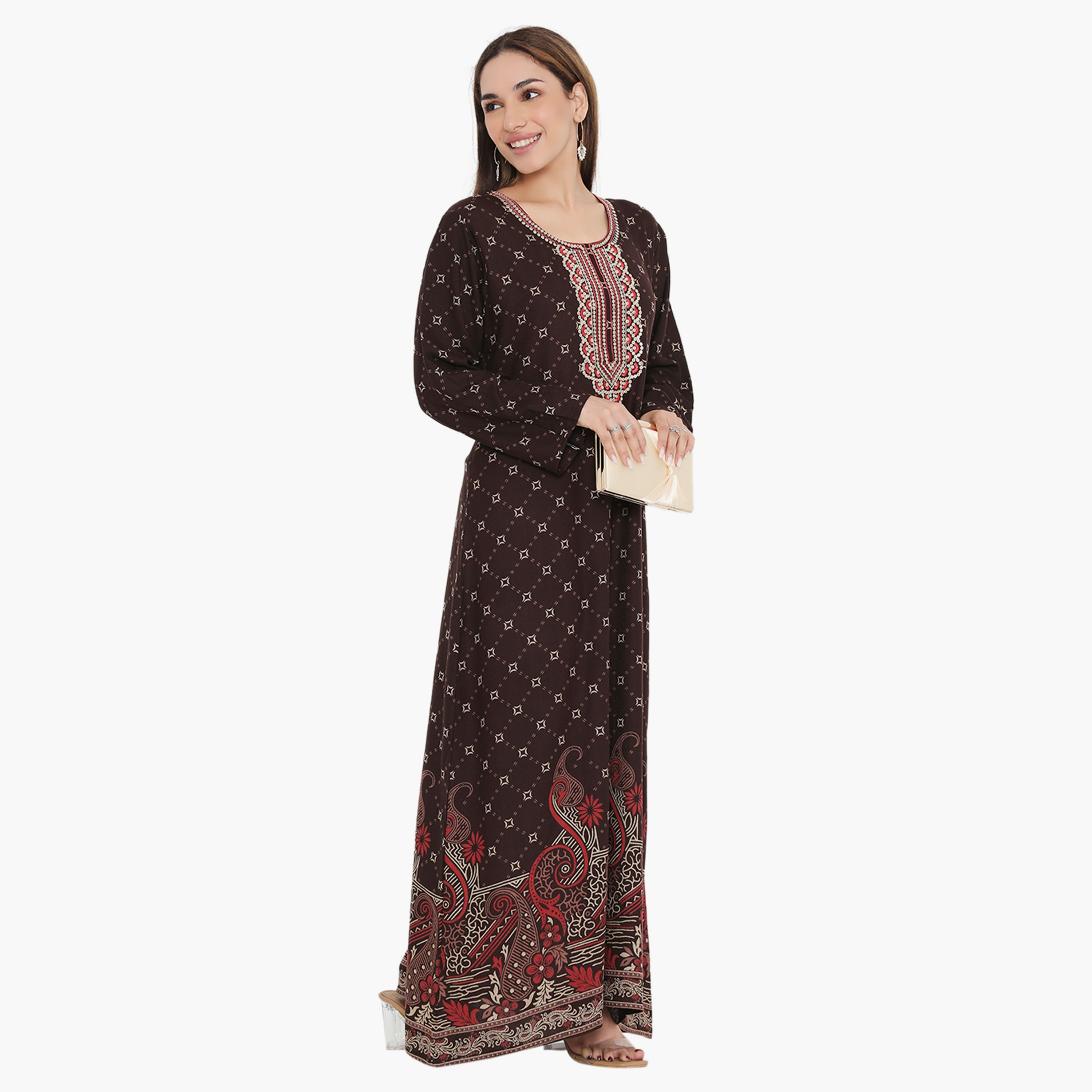 Hana & Sara All Over Print and Embroidered Yoke Women's Jalabiya-women-arabicclothing-jalabiyas-image-4