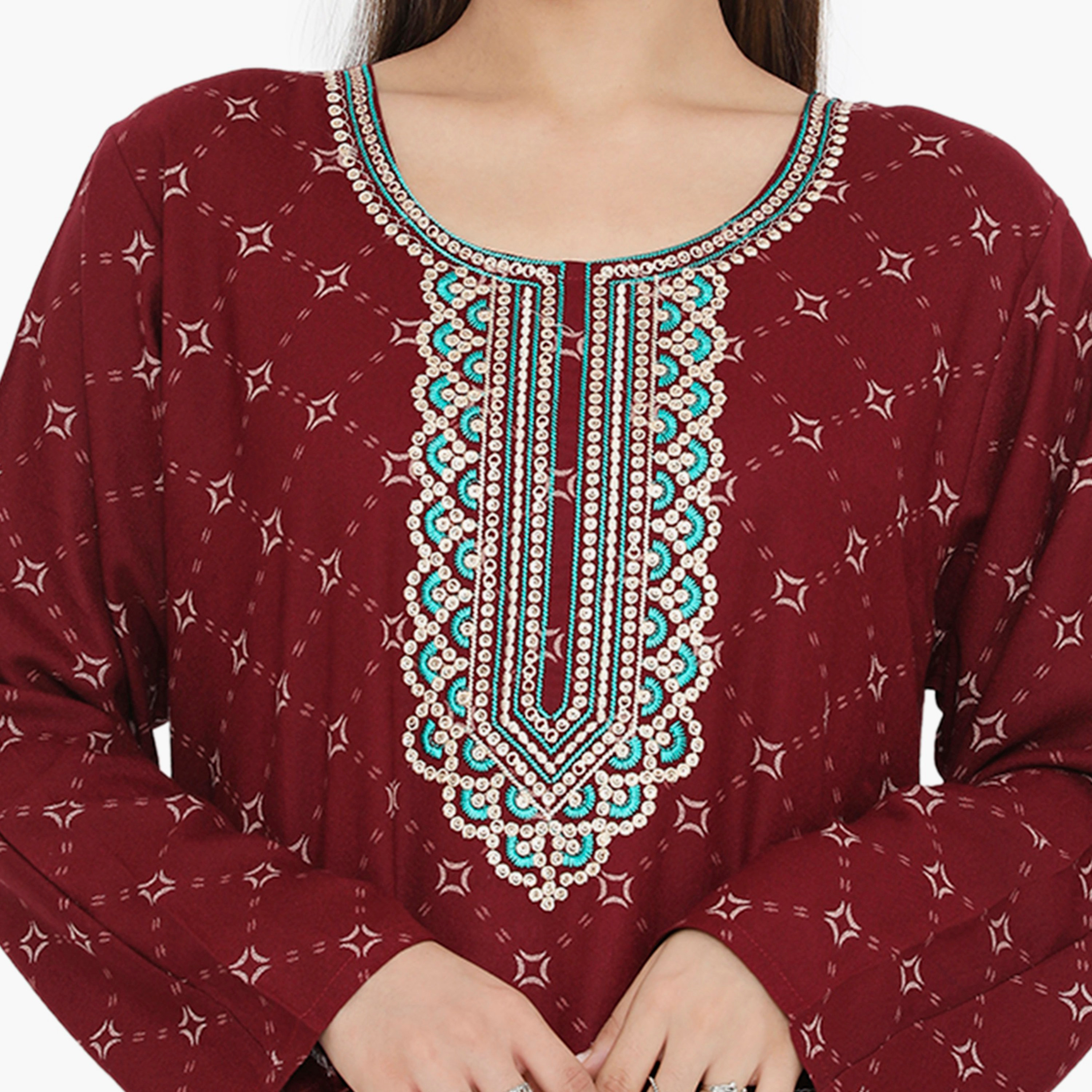 Hana & Sara All Over Print and Embroidered Yoke Women's Jalabiya-women-arabicclothing-jalabiyas-image-7