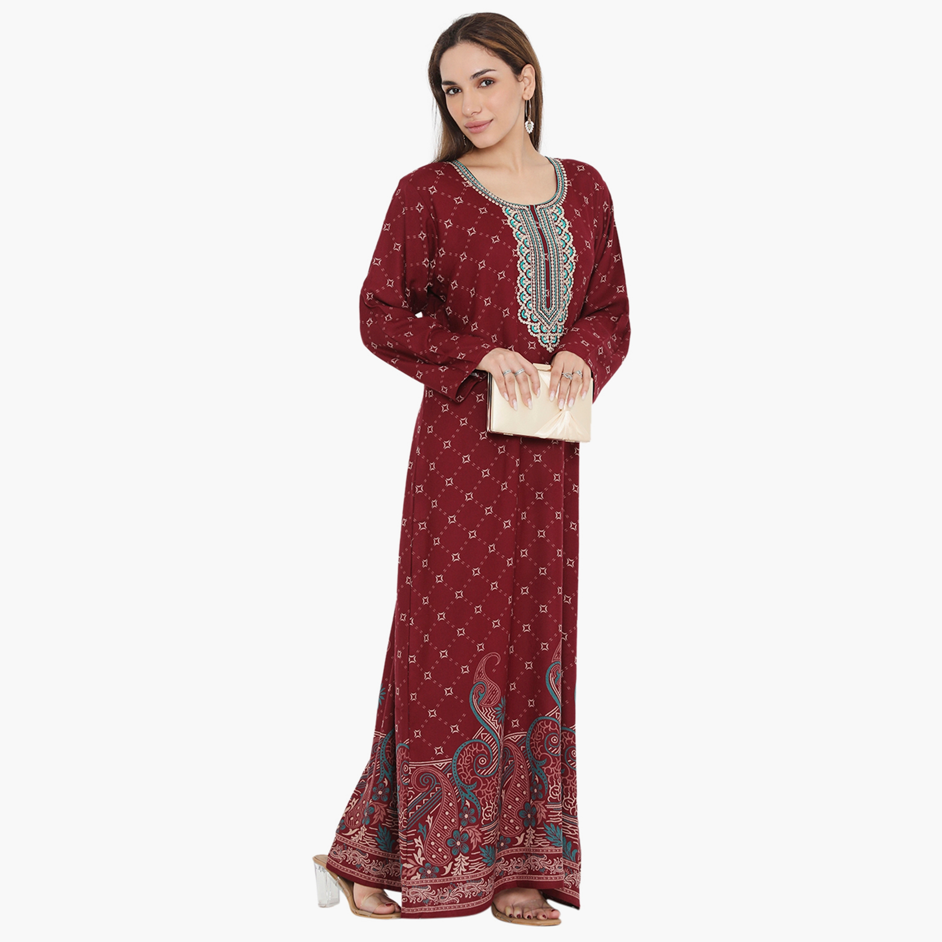 Hana & Sara All Over Print and Embroidered Yoke Women's Jalabiya-women-arabicclothing-jalabiyas-image-9