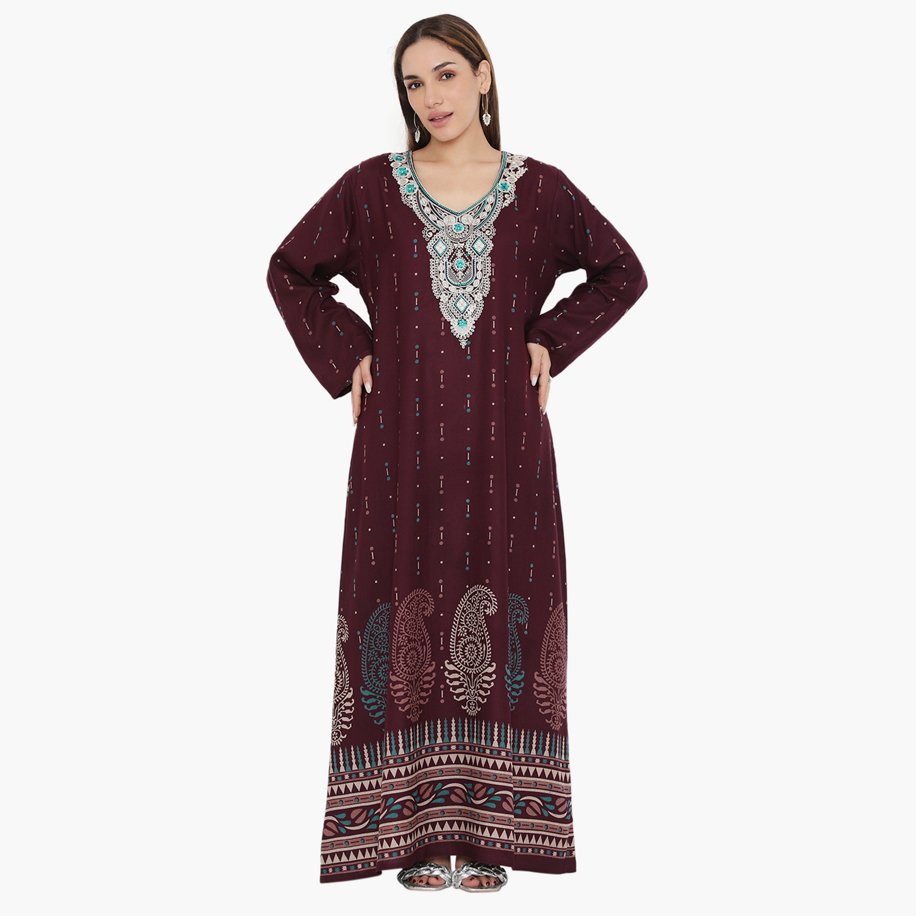 Hana & Sara Printed and Embroidered Yoke Women's Jalabiya-women-arabicclothing-jalabiyas-image-1