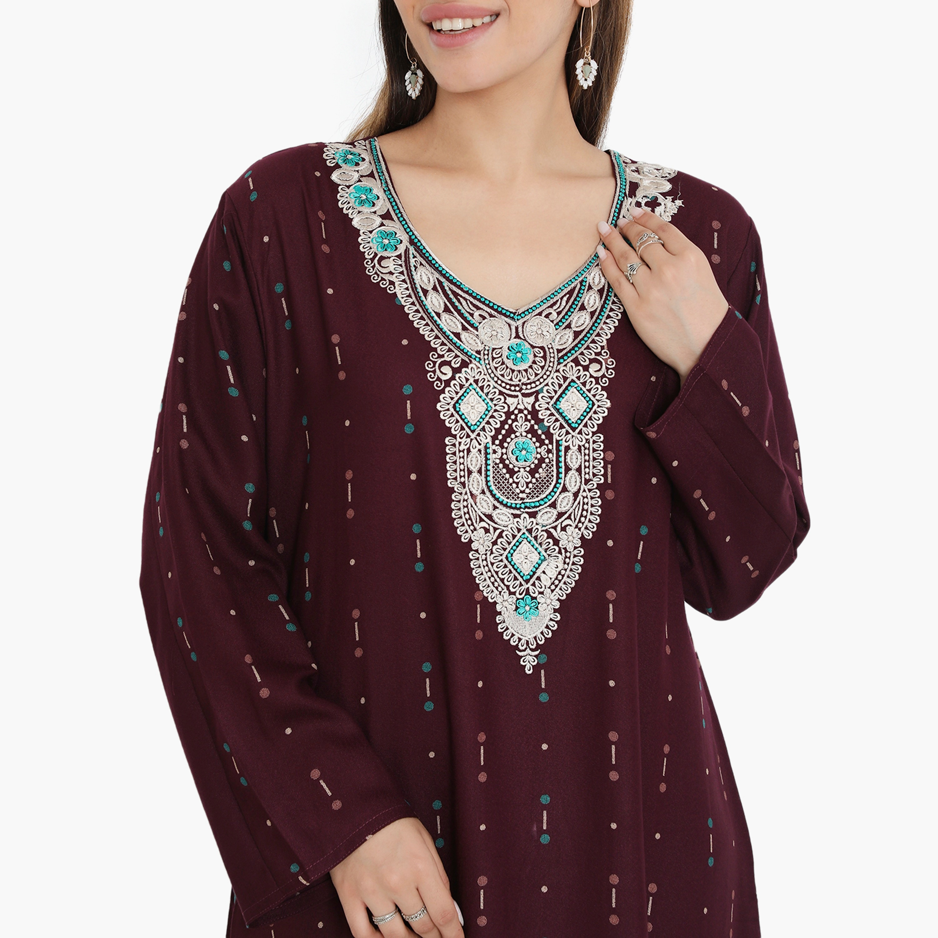 Hana & Sara Printed and Embroidered Yoke Women's Jalabiya-women-arabicclothing-jalabiyas-image-2