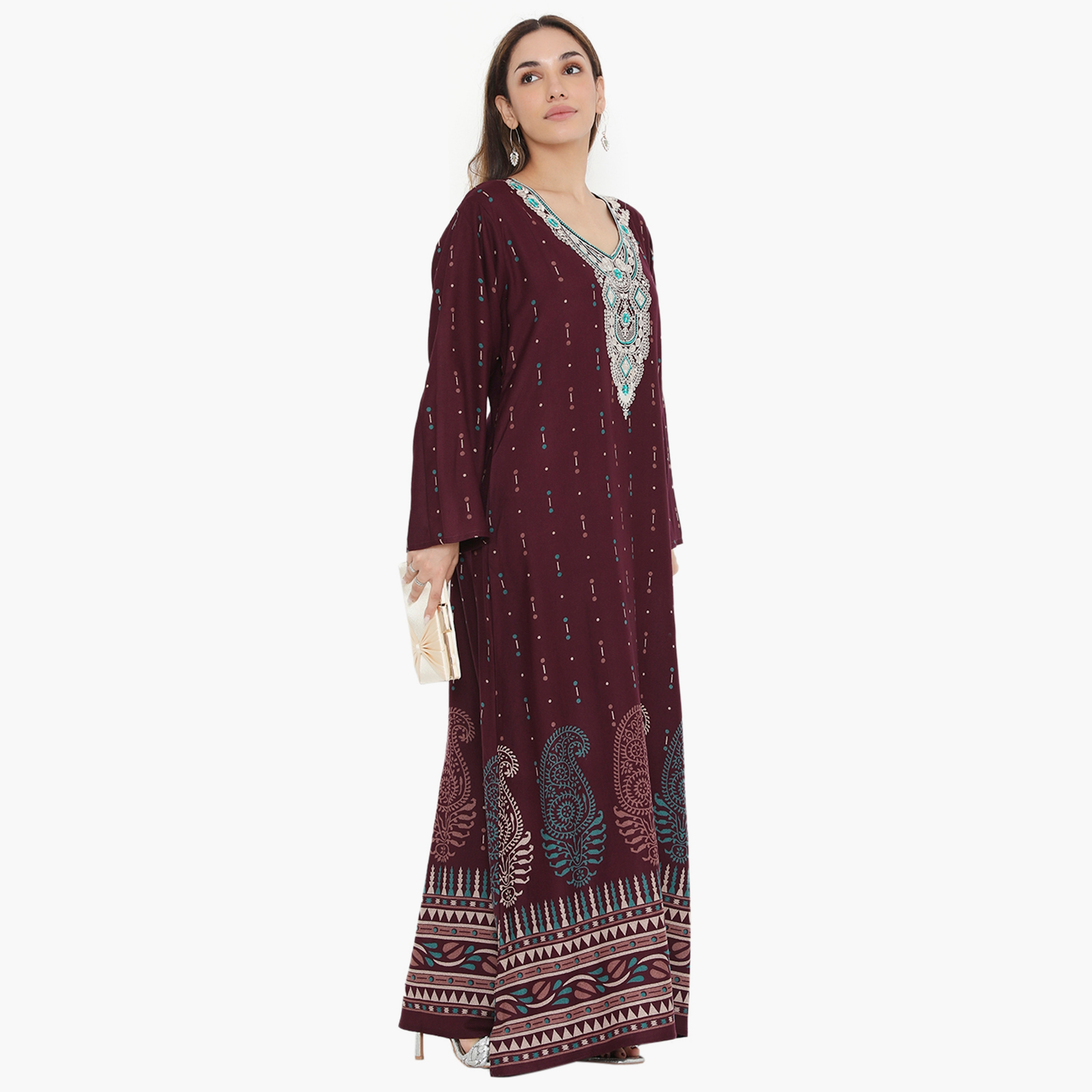 Hana & Sara Printed and Embroidered Yoke Women's Jalabiya-women-arabicclothing-jalabiyas-image-4