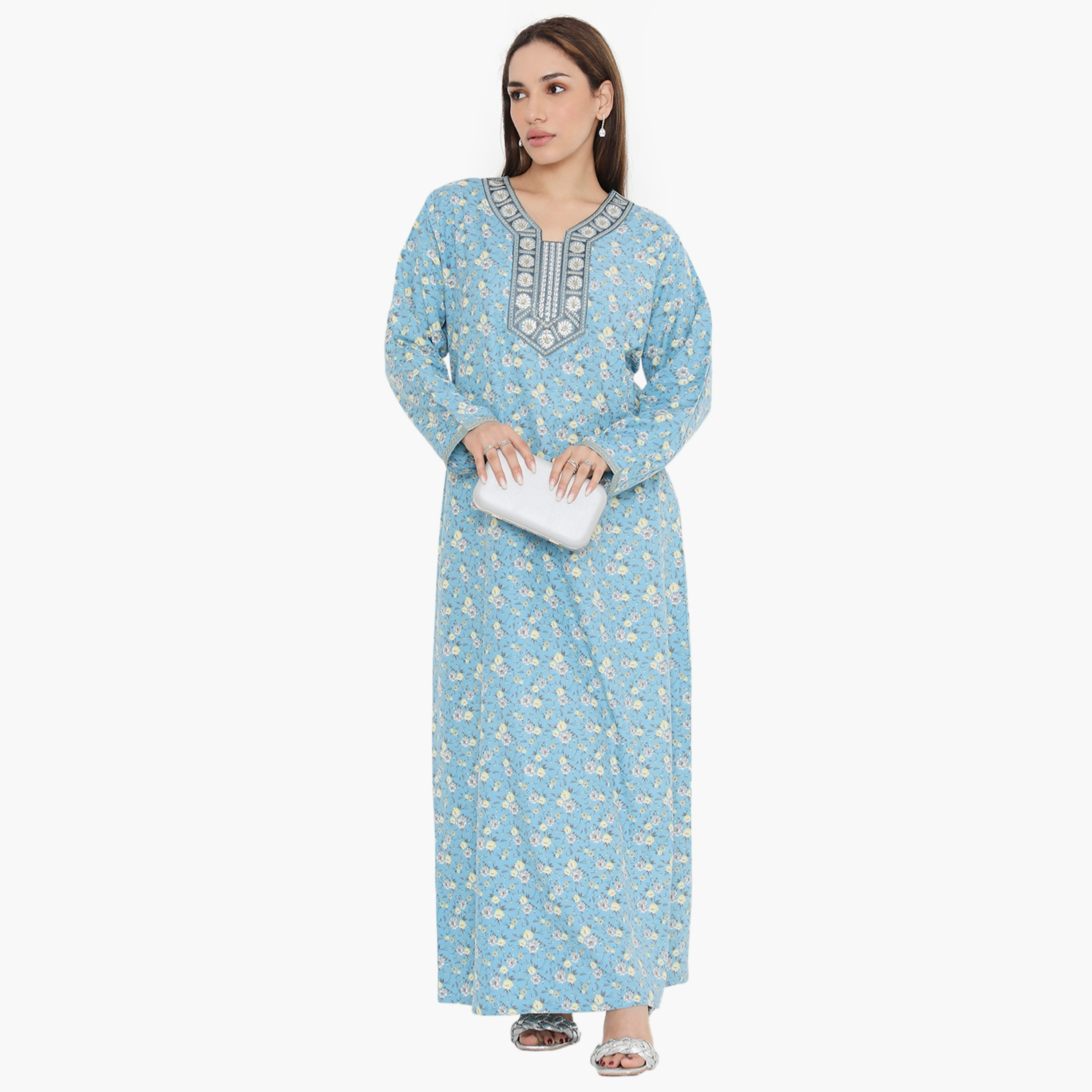 Hana & Sara Floral and Embroidered Yoke Women's Jalabiya-women-arabicclothing-jalabiyas-image-1