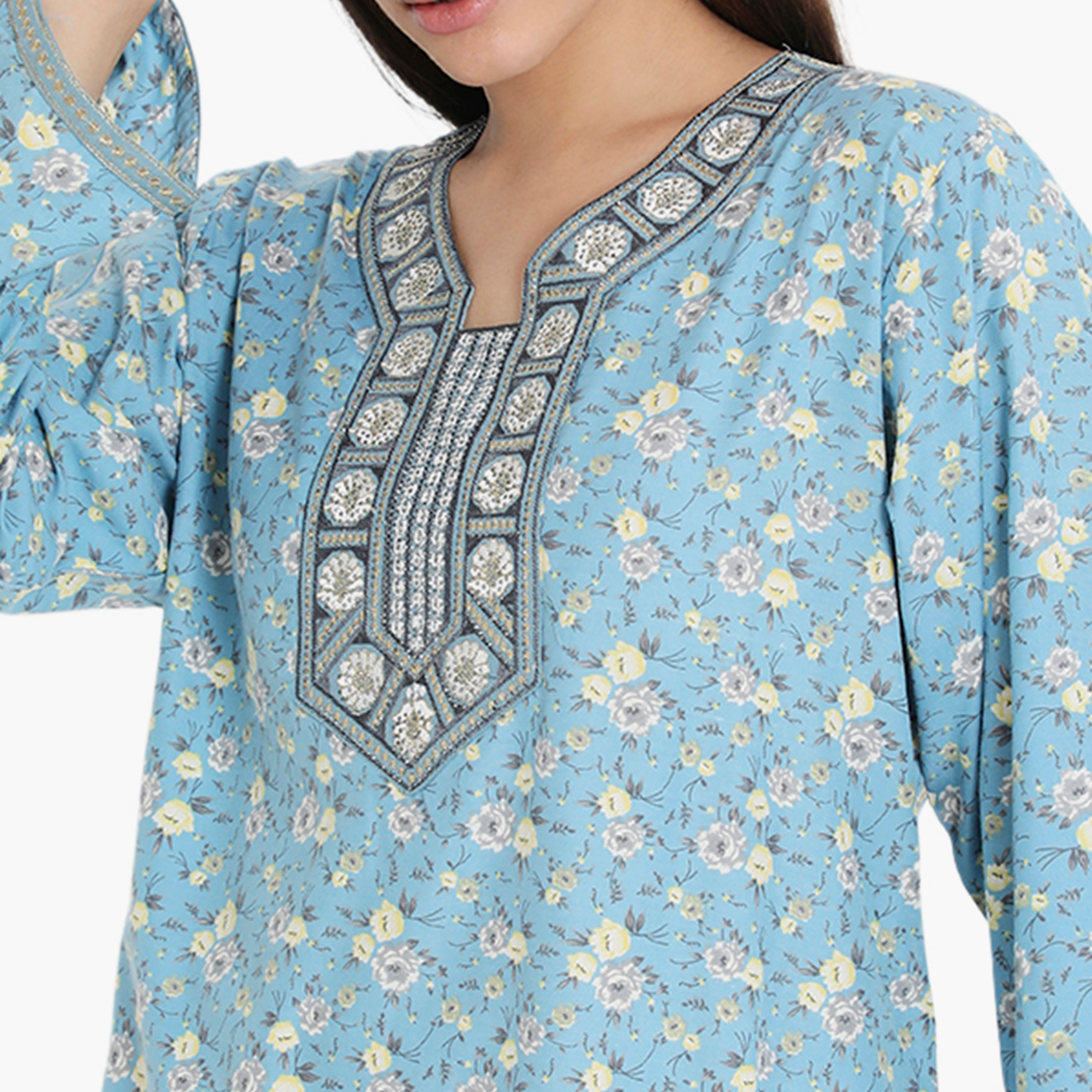 Hana & Sara Floral and Embroidered Yoke Women's Jalabiya-women-arabicclothing-jalabiyas-image-2