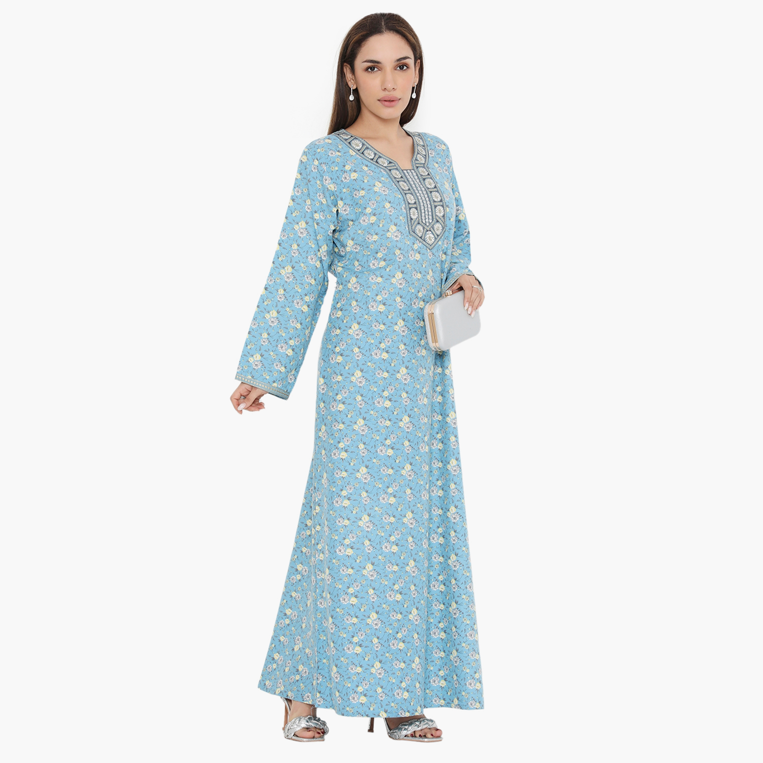 Hana & Sara Floral and Embroidered Yoke Women's Jalabiya-women-arabicclothing-jalabiyas-image-4