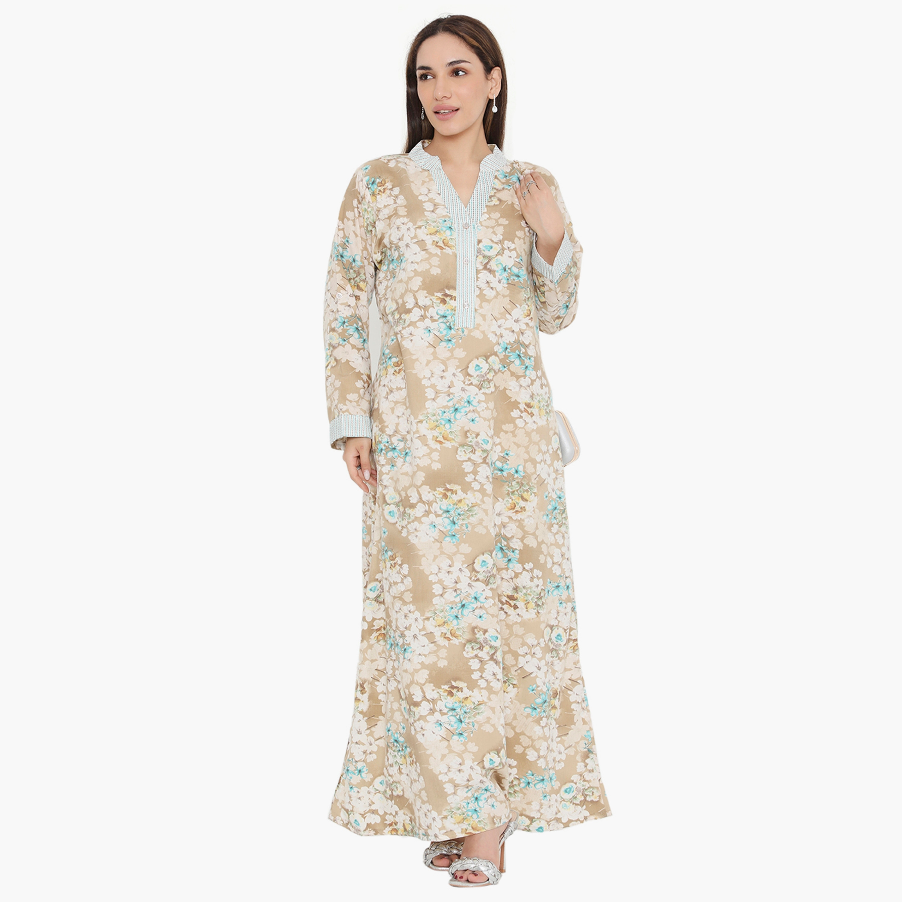 Hana & Sara Floral and Striped Yoke Women's Jalabiya-women-arabicclothing-jalabiyas-image-16