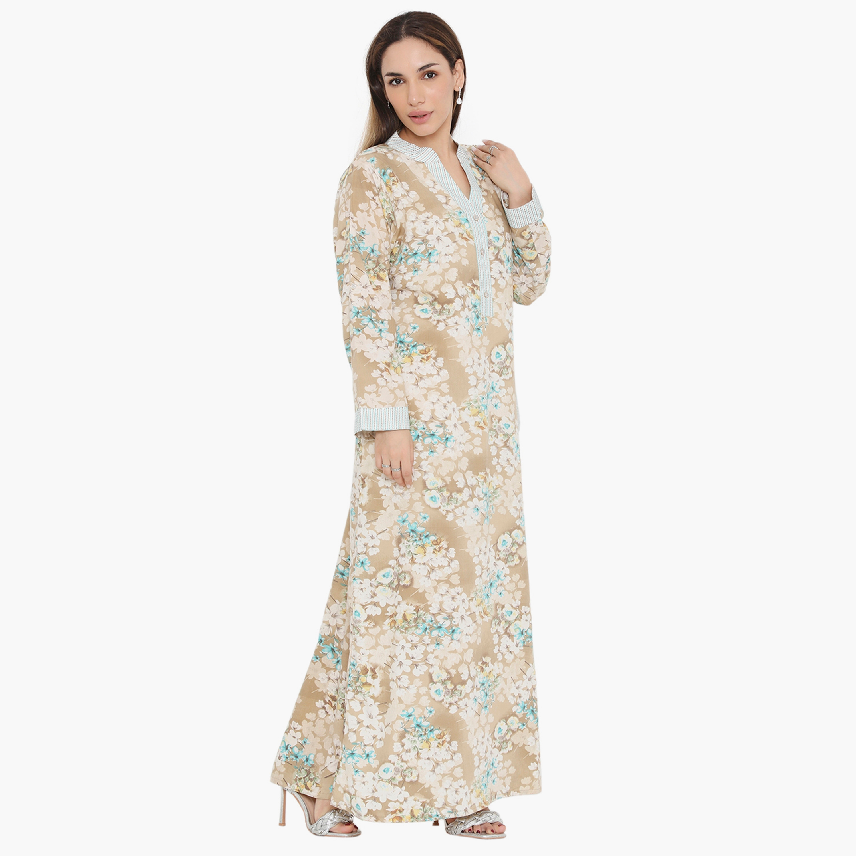 Hana & Sara Floral and Striped Yoke Women's Jalabiya-women-arabicclothing-jalabiyas-image-19