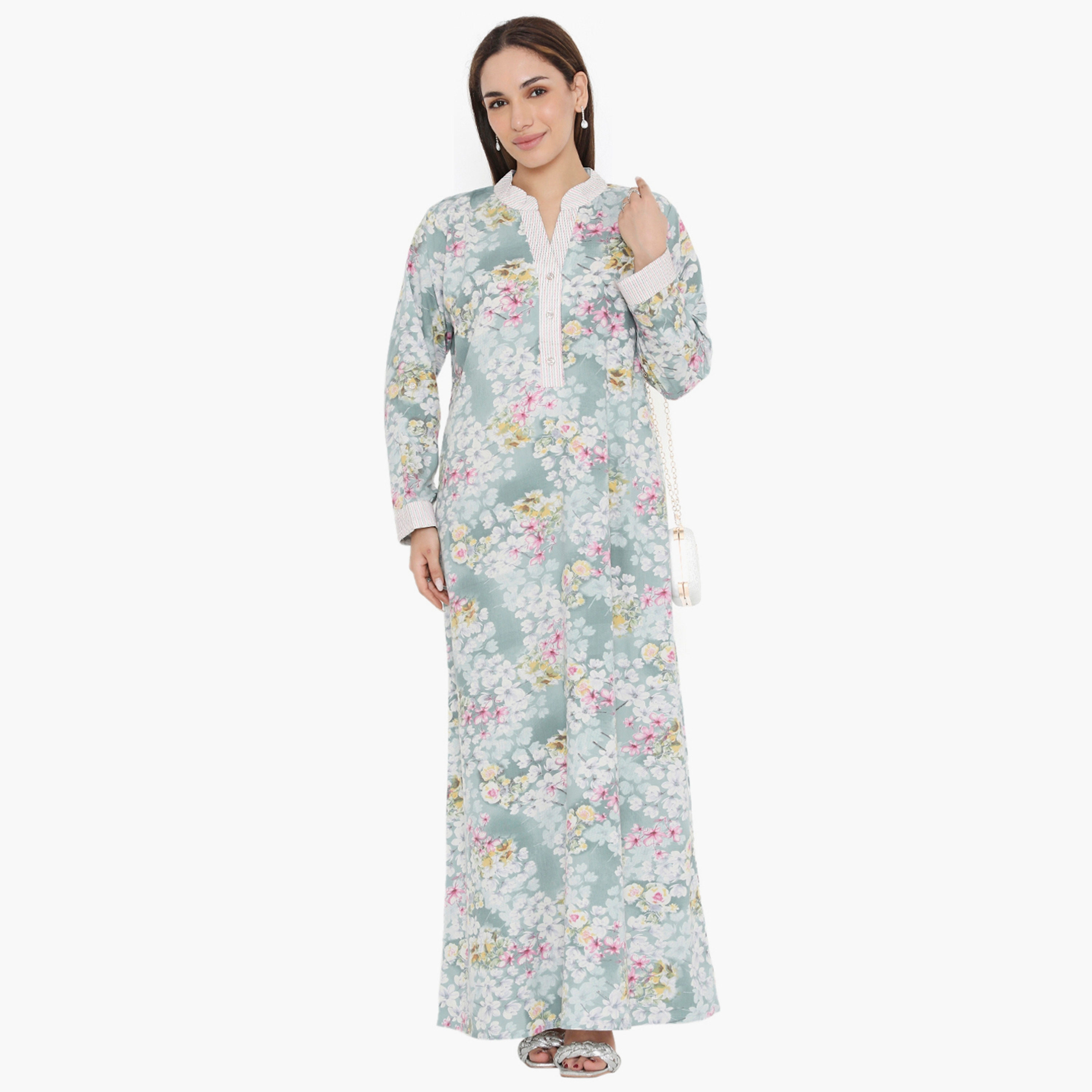 Hana & Sara Floral and Striped Yoke Women's Jalabiya-women-arabicclothing-jalabiyas-image-11