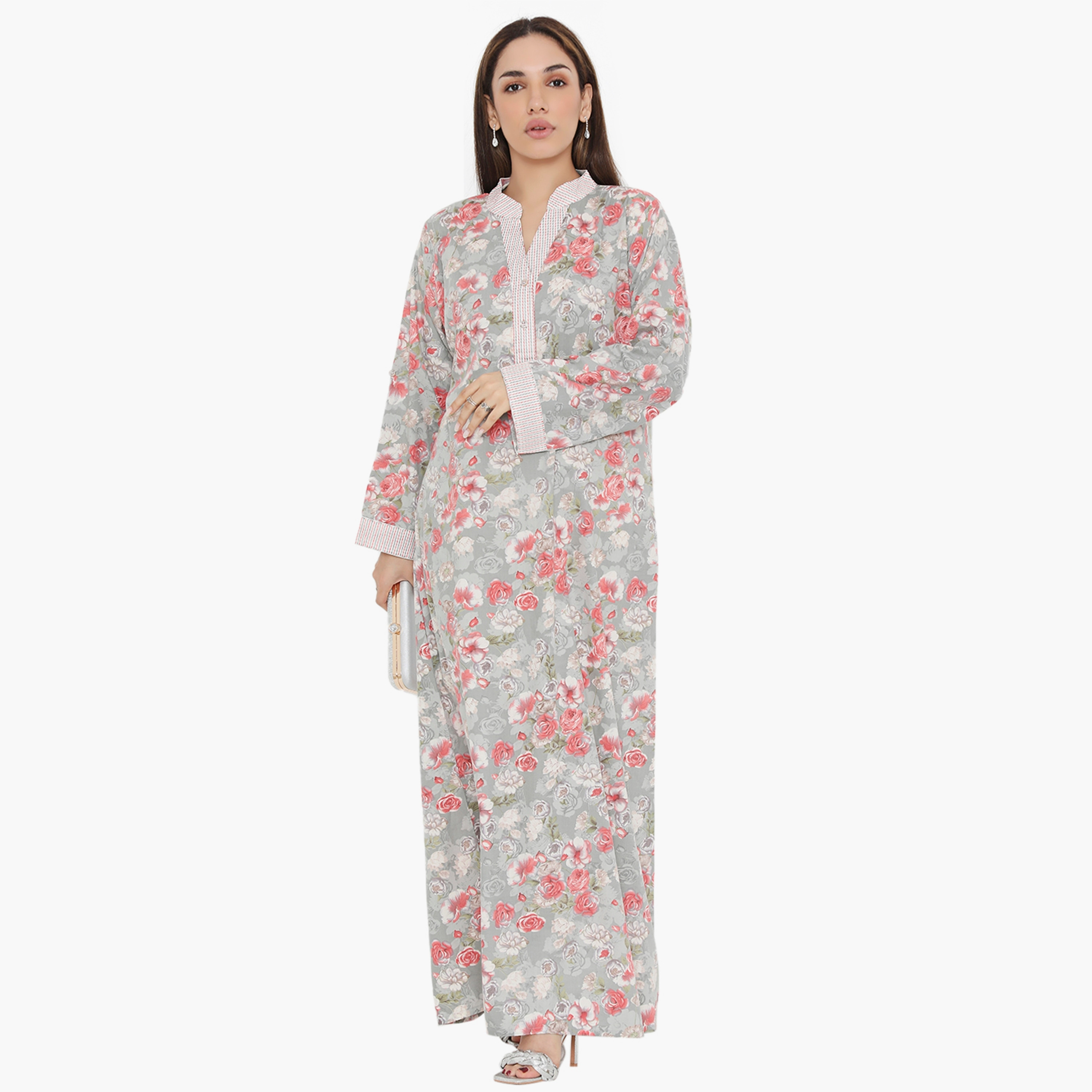 Hana & Sara Floral and Striped Yoke Women's Jalabiya-women-arabicclothing-jalabiyas-image-1