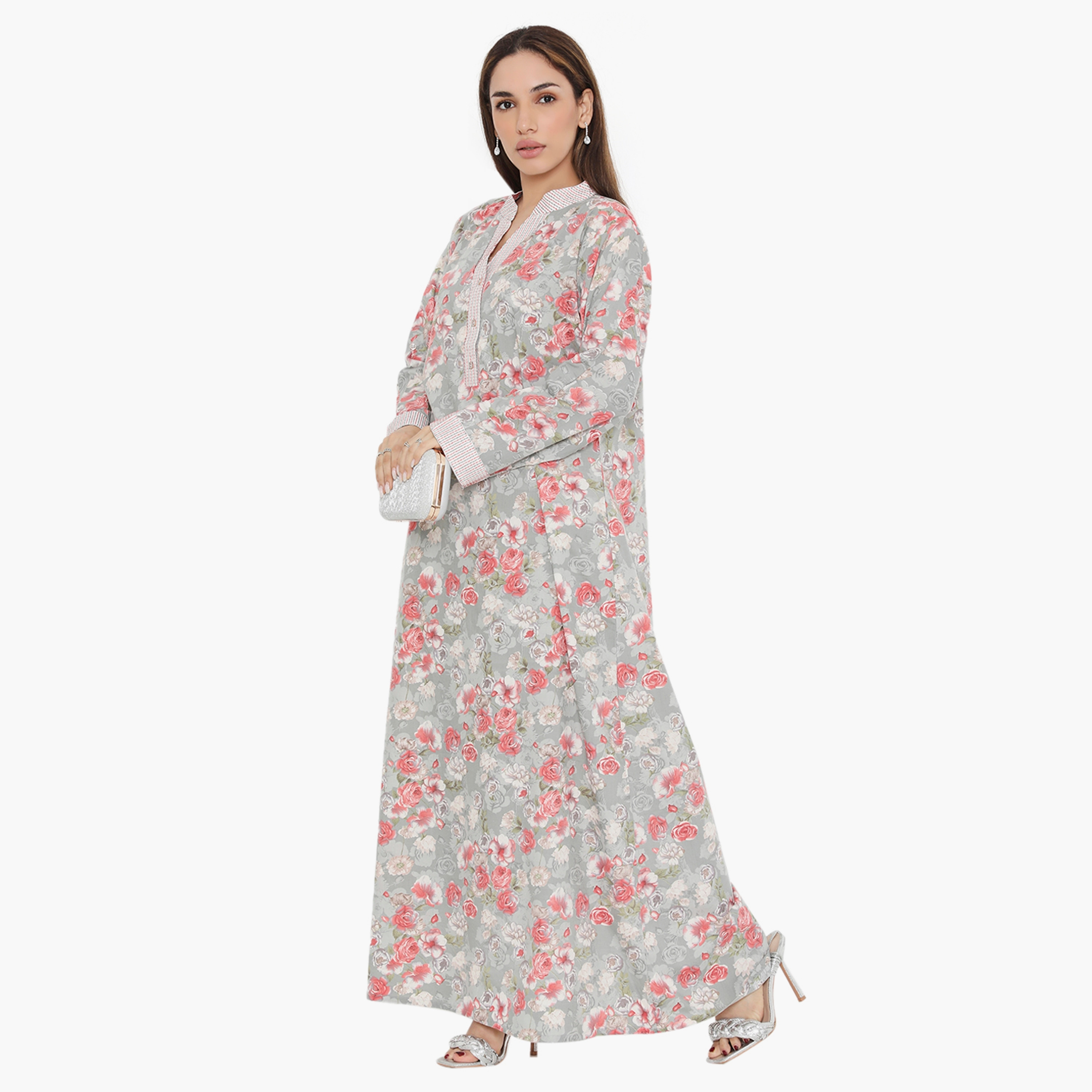 Hana & Sara Floral and Striped Yoke Women's Jalabiya-women-arabicclothing-jalabiyas-image-3