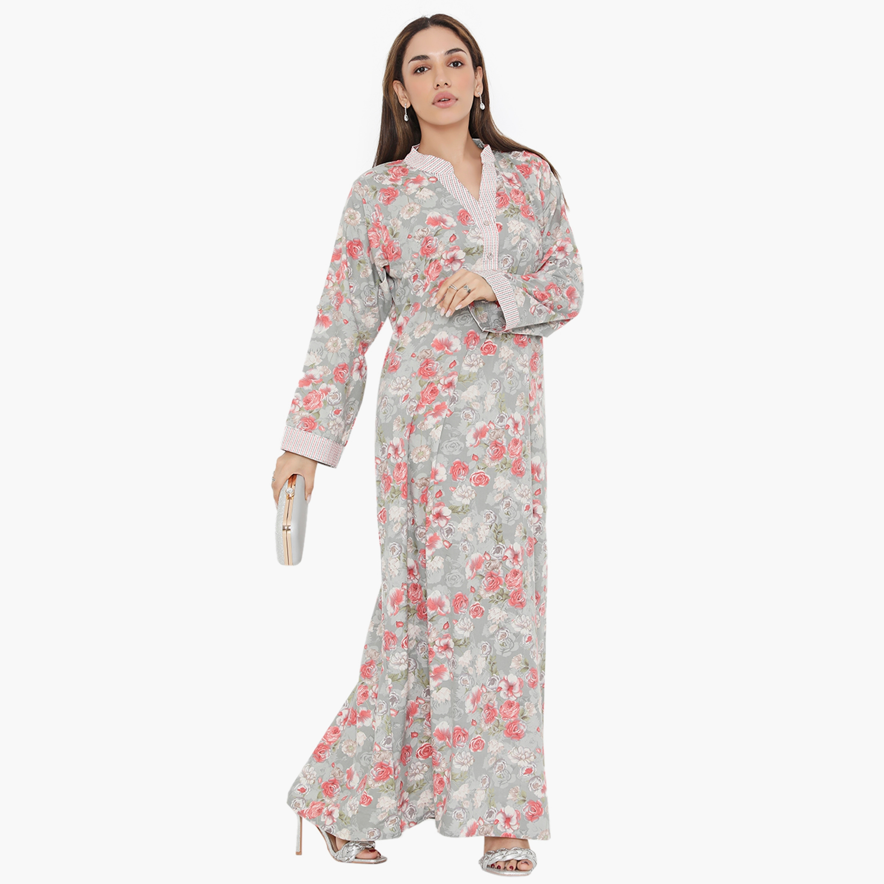 Hana & Sara Floral and Striped Yoke Women's Jalabiya-women-arabicclothing-jalabiyas-image-4