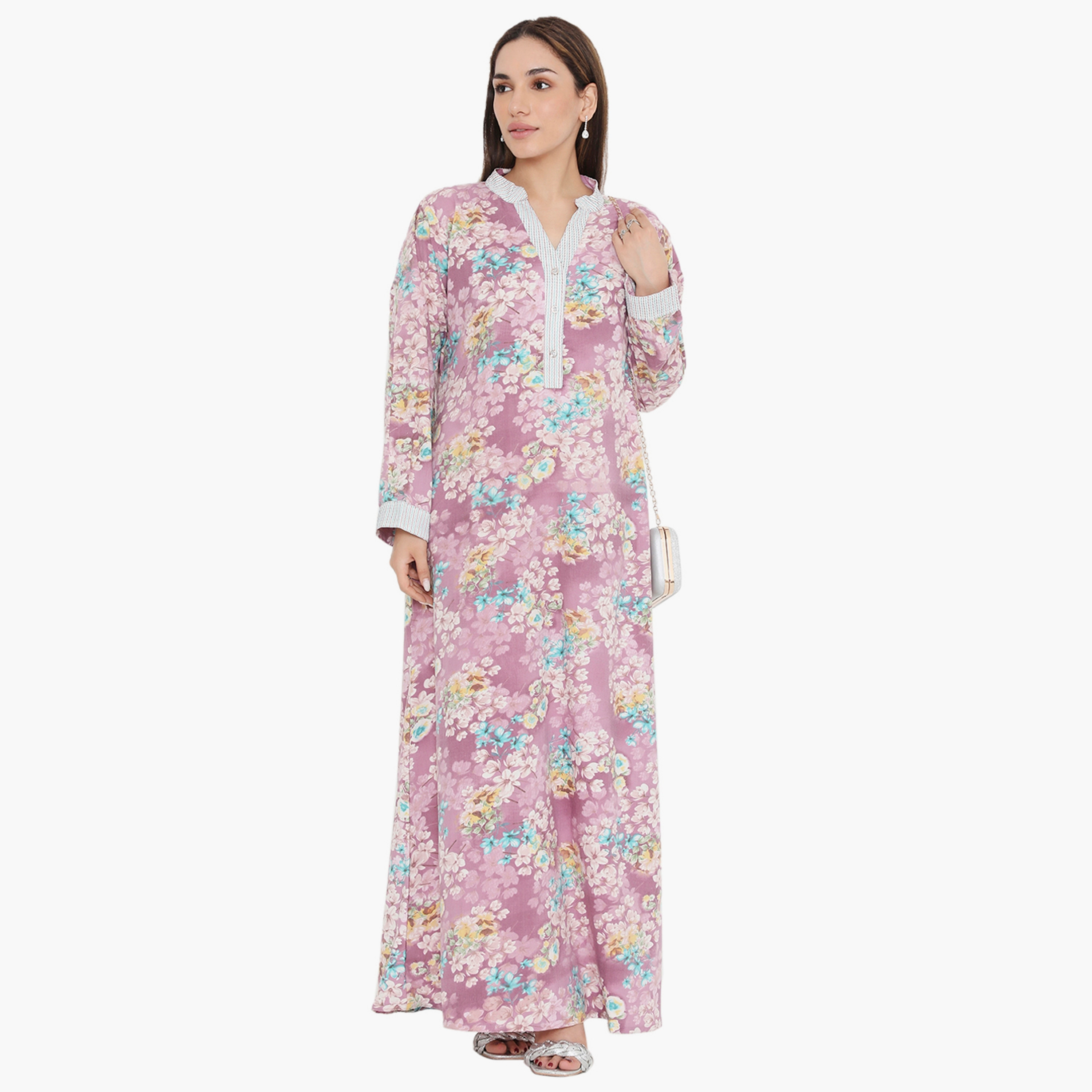 Hana & Sara Floral and Striped Yoke Women's Jalabiya-women-arabicclothing-jalabiyas-image-6