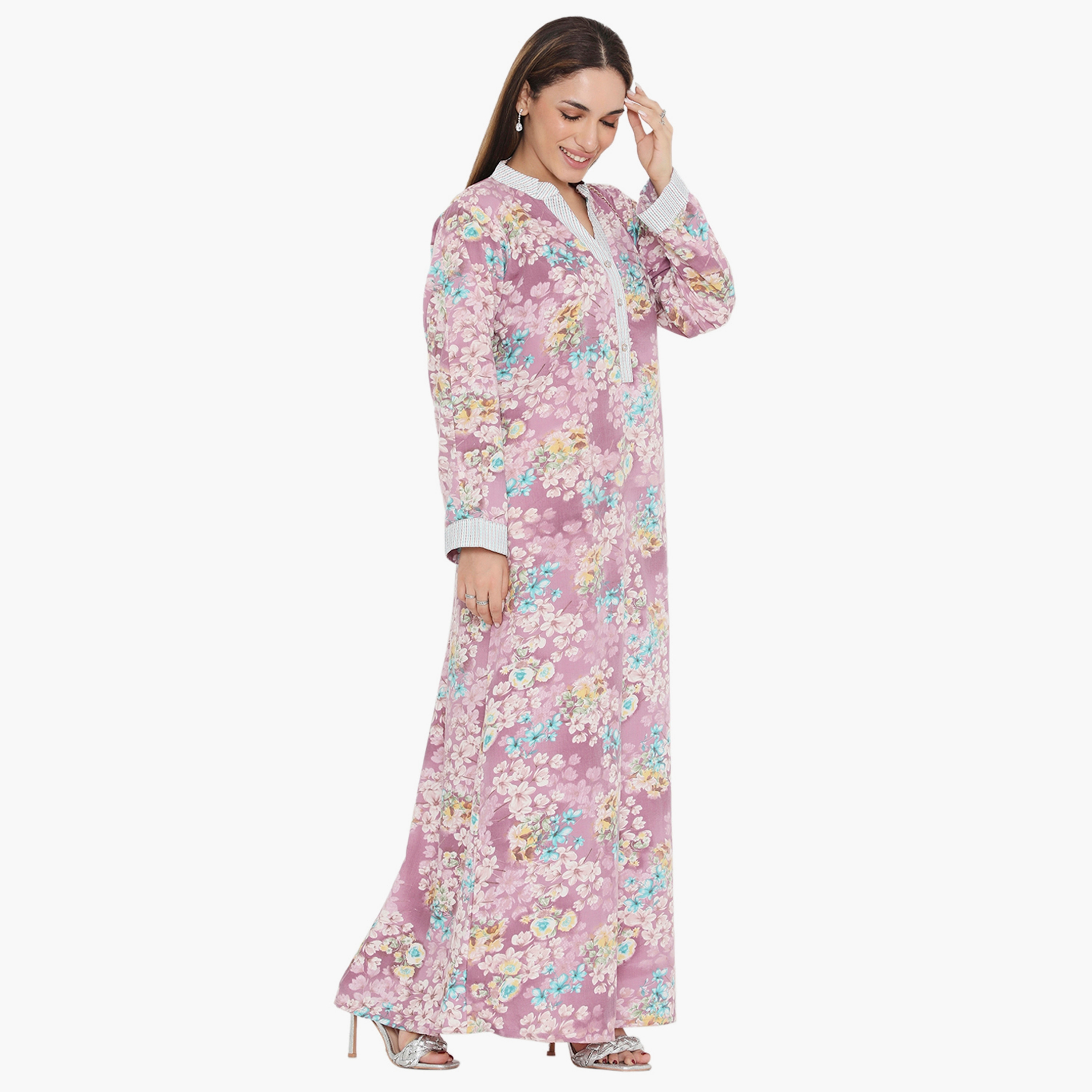 Hana & Sara Floral and Striped Yoke Women's Jalabiya-women-arabicclothing-jalabiyas-image-9