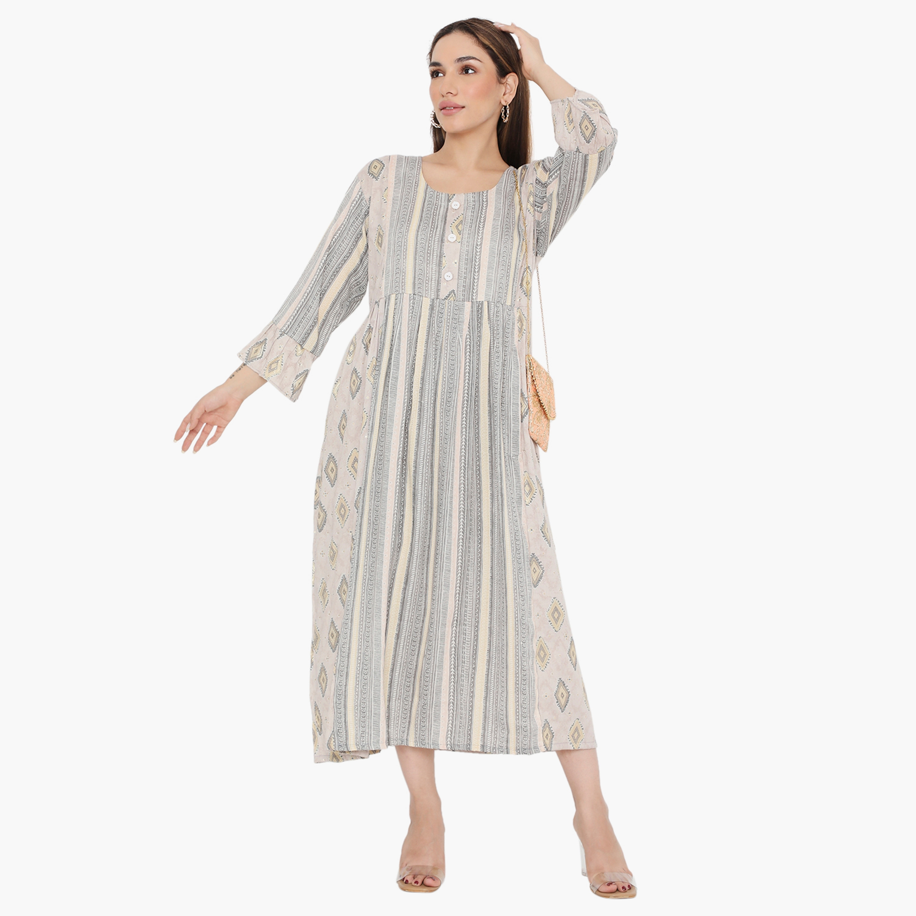 Hana & Sara Bell Sleeves Print and Stripes Women's Jalabiya-women-arabicclothing-jalabiyas-image-6