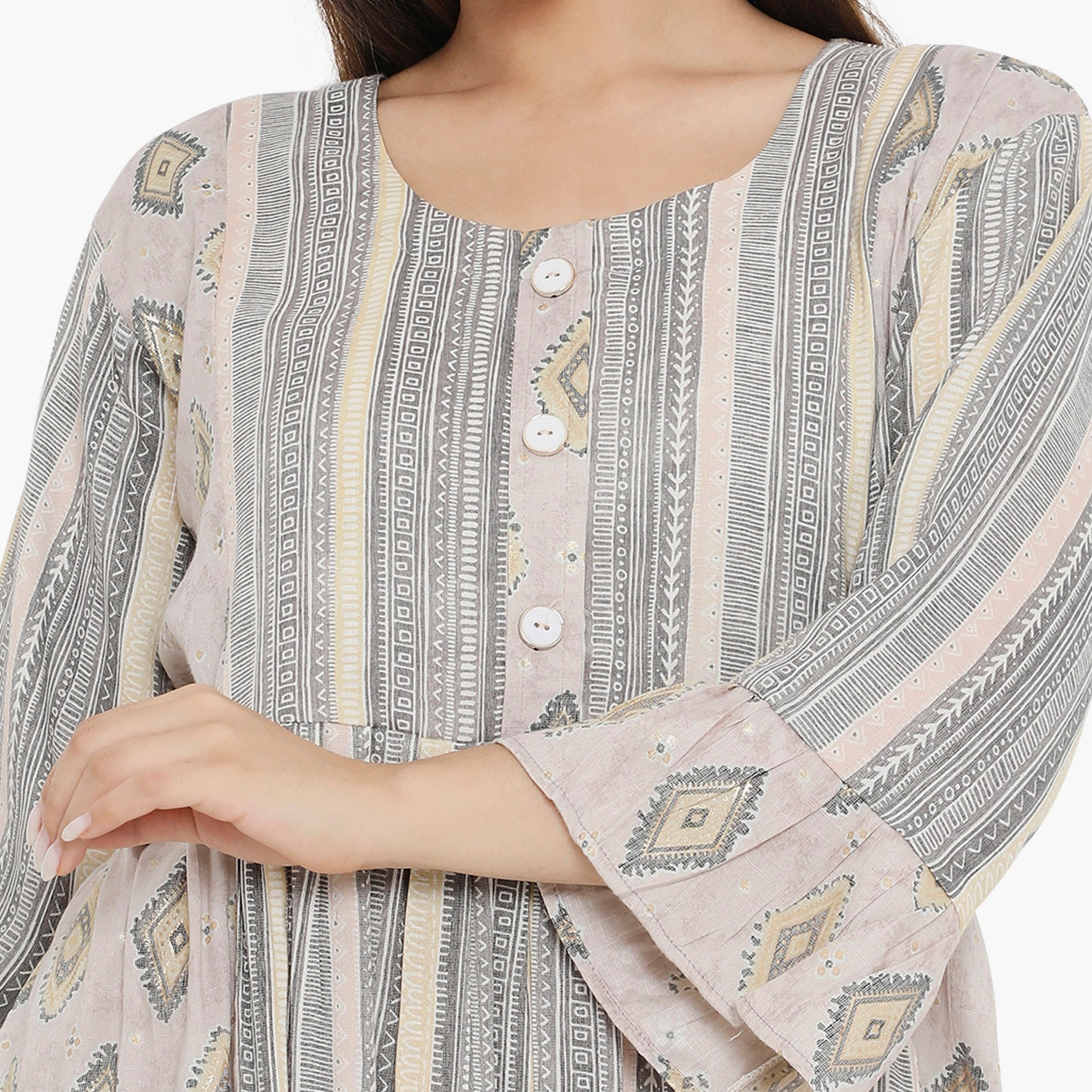 Hana & Sara Bell Sleeves Print and Stripes Women's Jalabiya-women-arabicclothing-jalabiyas-image-7