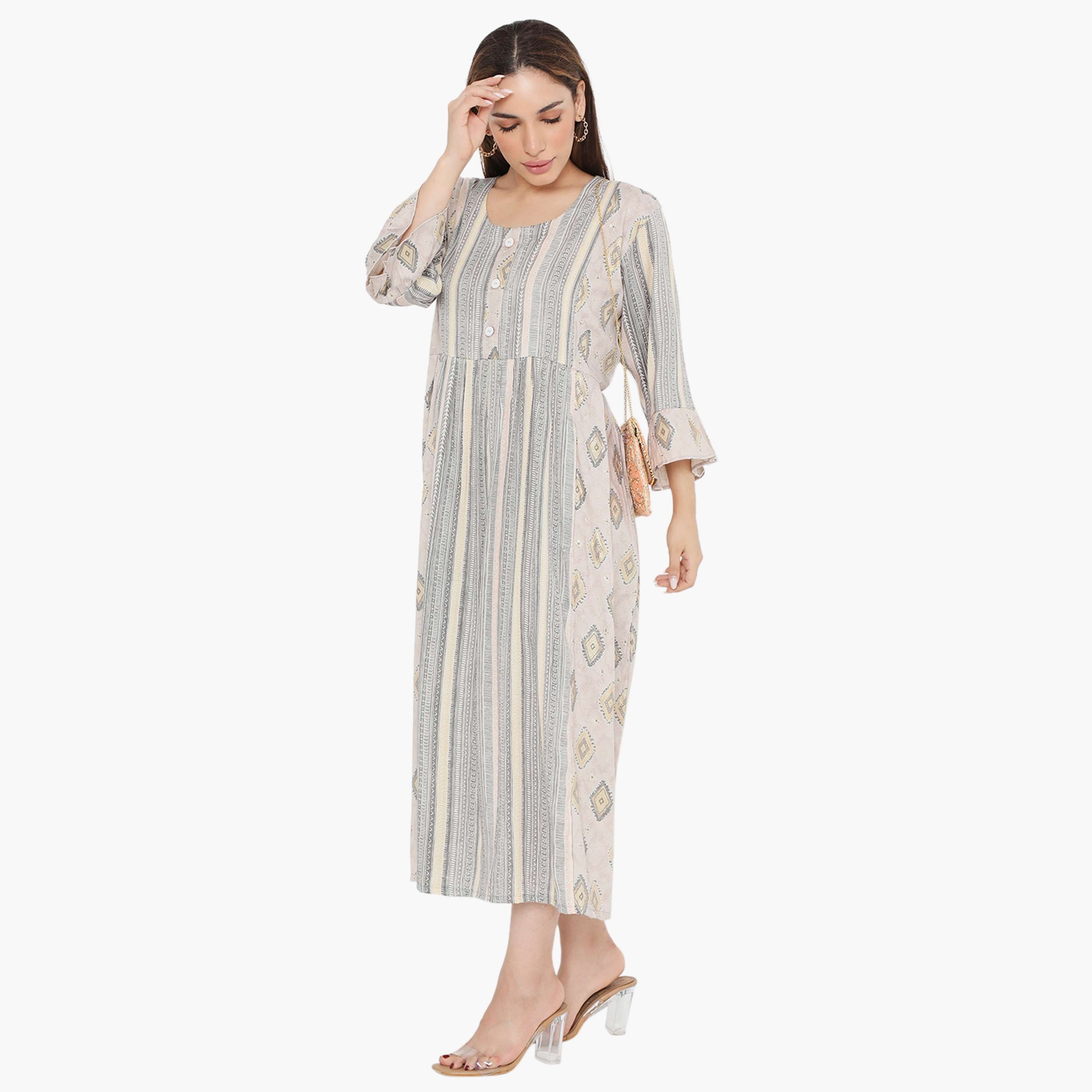 Hana & Sara Bell Sleeves Print and Stripes Women's Jalabiya-women-arabicclothing-jalabiyas-image-8