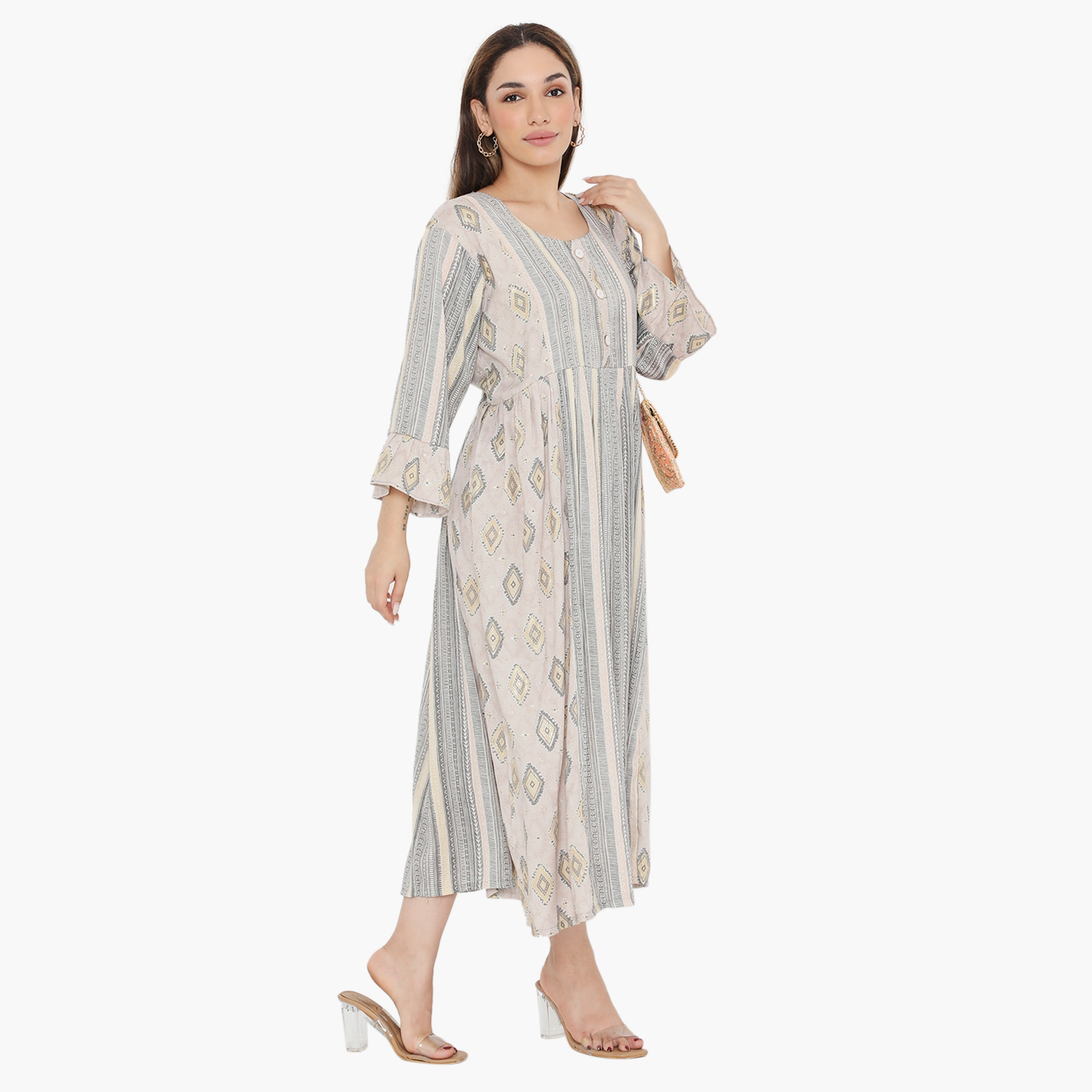 Hana & Sara Bell Sleeves Print and Stripes Women's Jalabiya-women-arabicclothing-jalabiyas-image-9