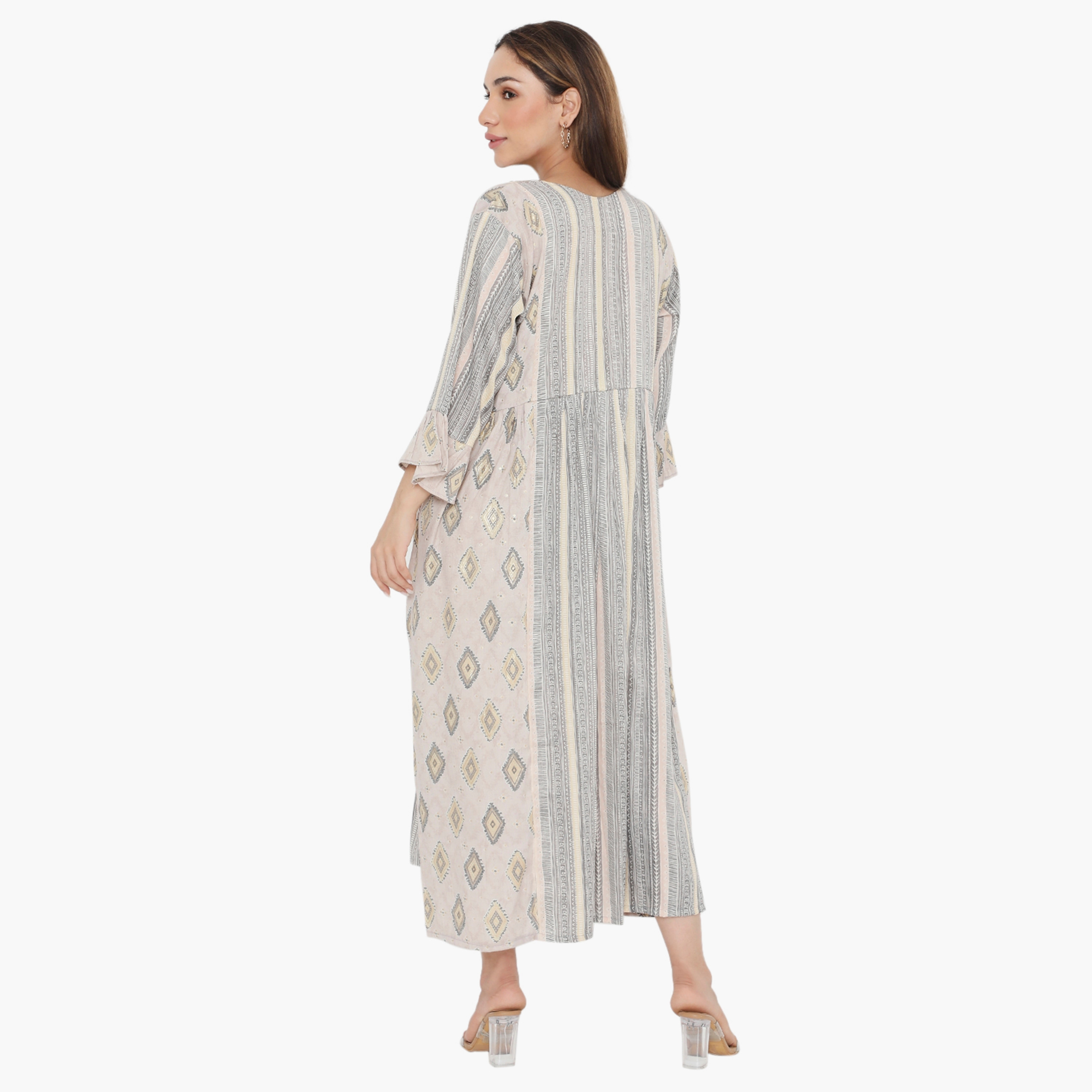 Hana & Sara Bell Sleeves Print and Stripes Women's Jalabiya-women-arabicclothing-jalabiyas-image-10