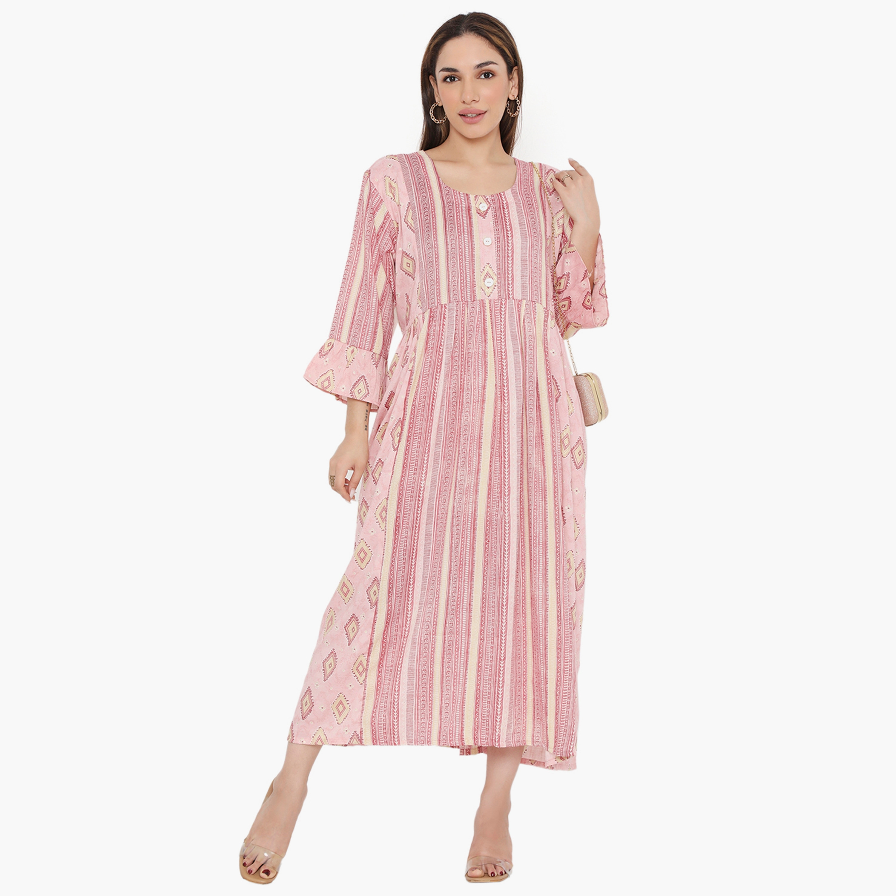 جلابية نسائية من هناء وسارة بأكمام جرس وطبعات وخطوط-women-arabicclothing-jalabiyas-image-1