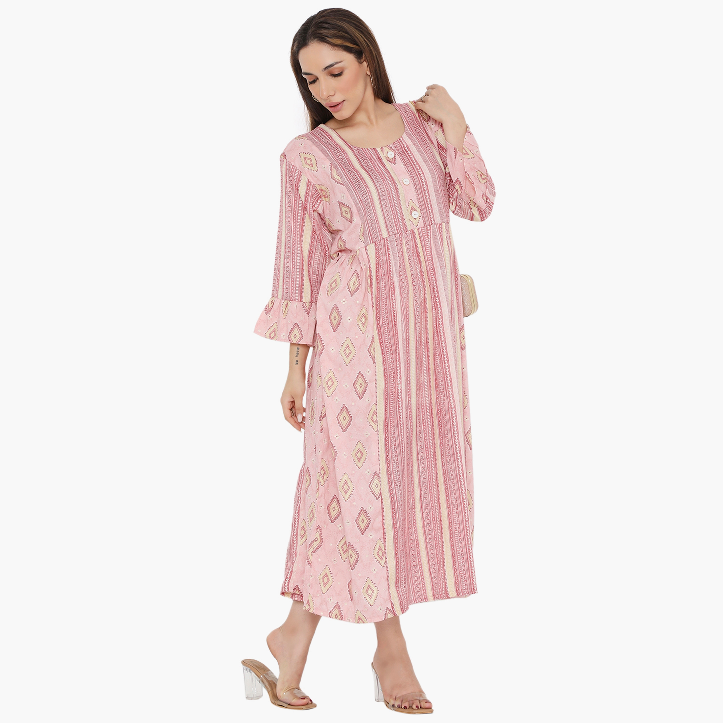 جلابية نسائية من هناء وسارة بأكمام جرس وطبعات وخطوط-women-arabicclothing-jalabiyas-image-4