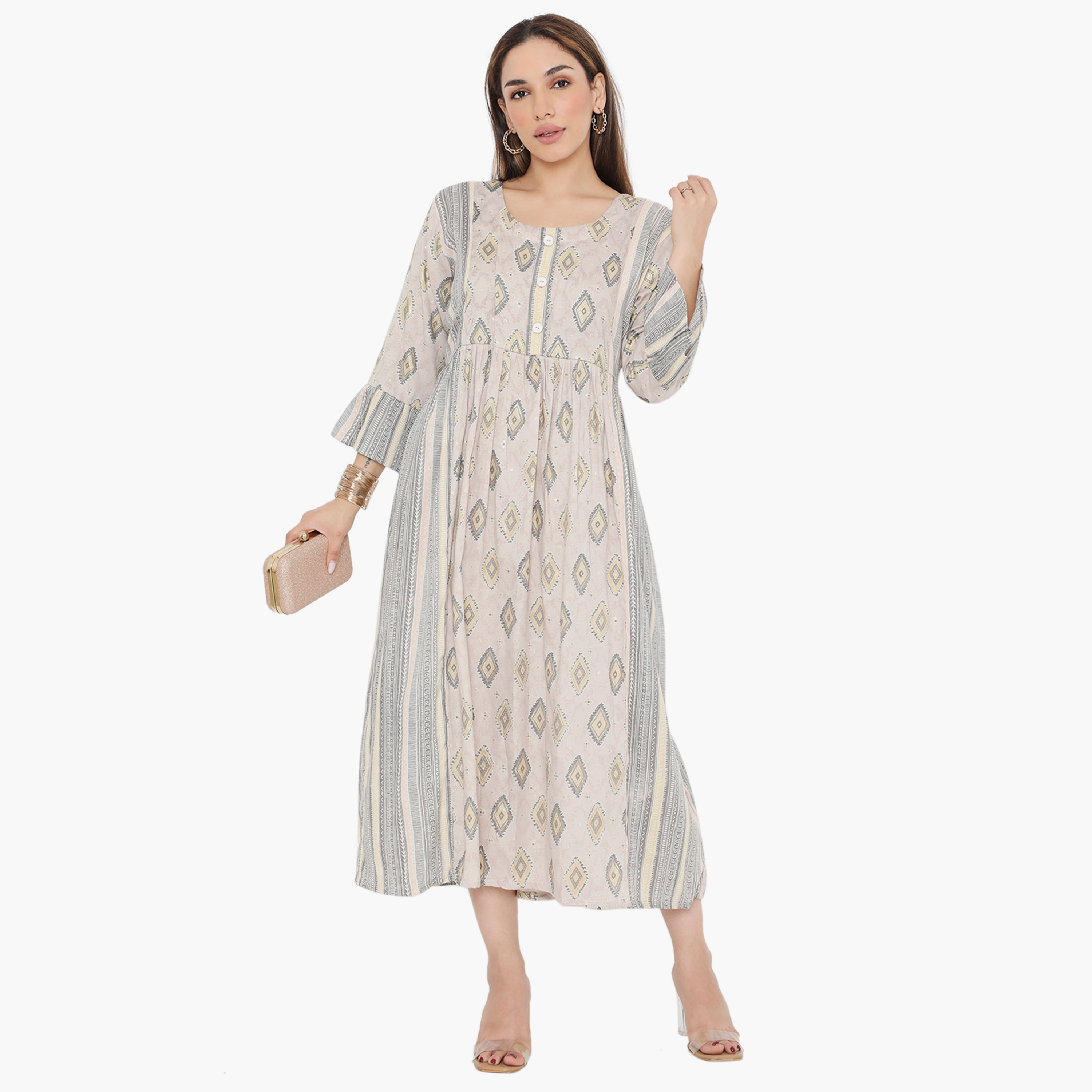 Hana & Sara Bell Sleeves Printed Women's Jalabiya-women-arabicclothing-jalabiyas-image-1