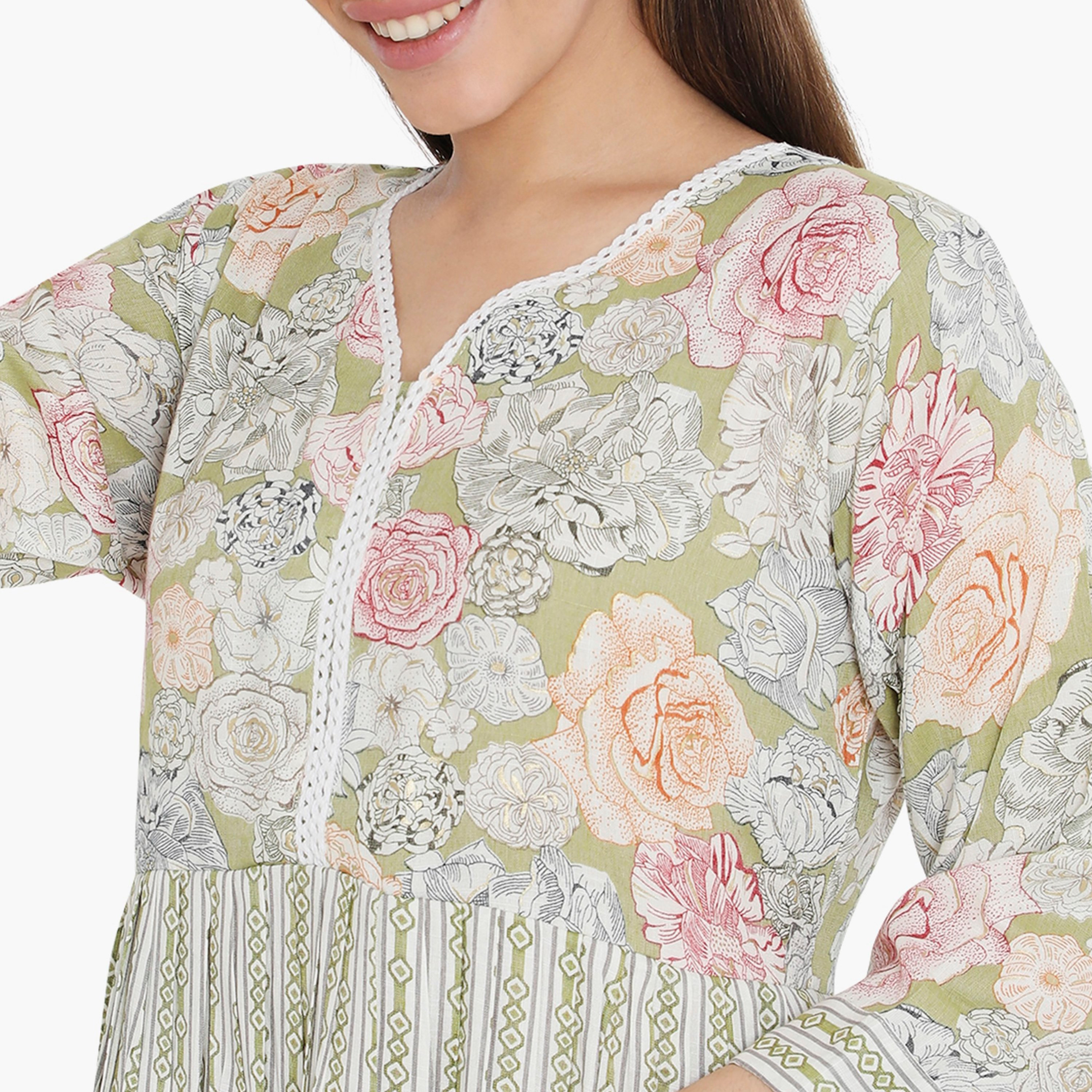 جلابية نسائية بطبعة زهور باللون الأخضر من هناء وسارة-women-arabicclothing-jalabiyas-image-2