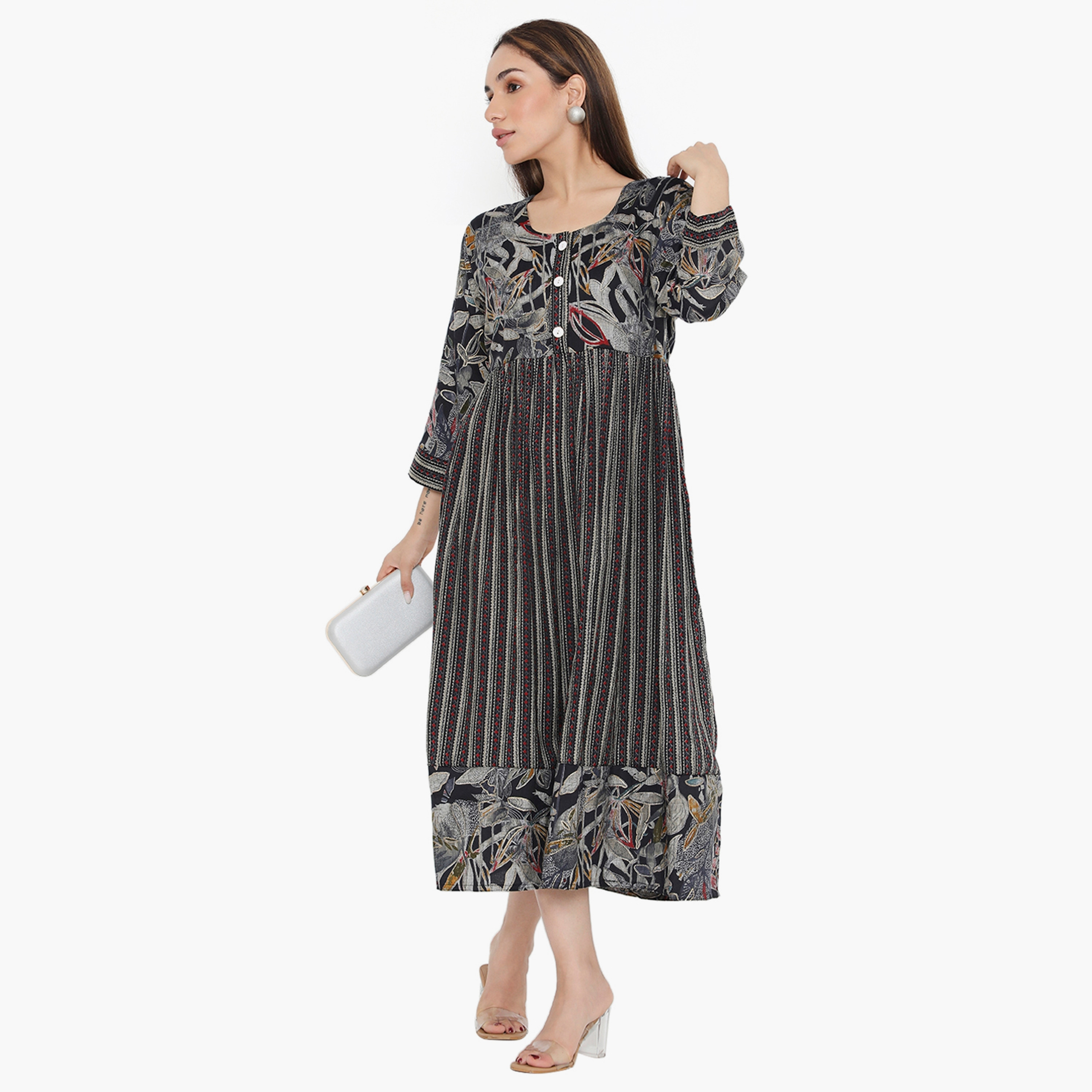 Hana & Sara Print and Stripes Pleated Women's Jalabiya-women-arabicclothing-jalabiyas-image-6