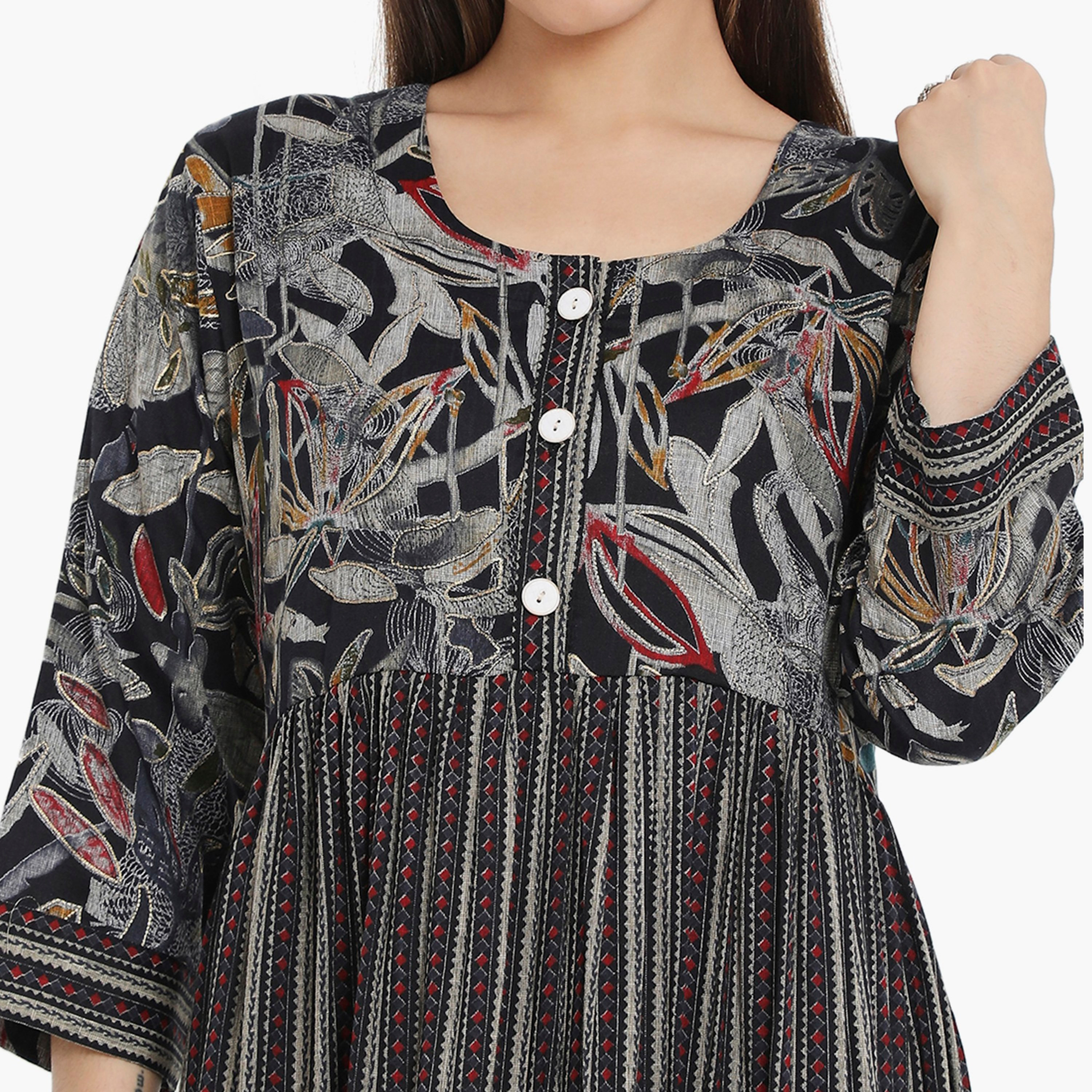Hana & Sara Print and Stripes Pleated Women's Jalabiya-women-arabicclothing-jalabiyas-image-7