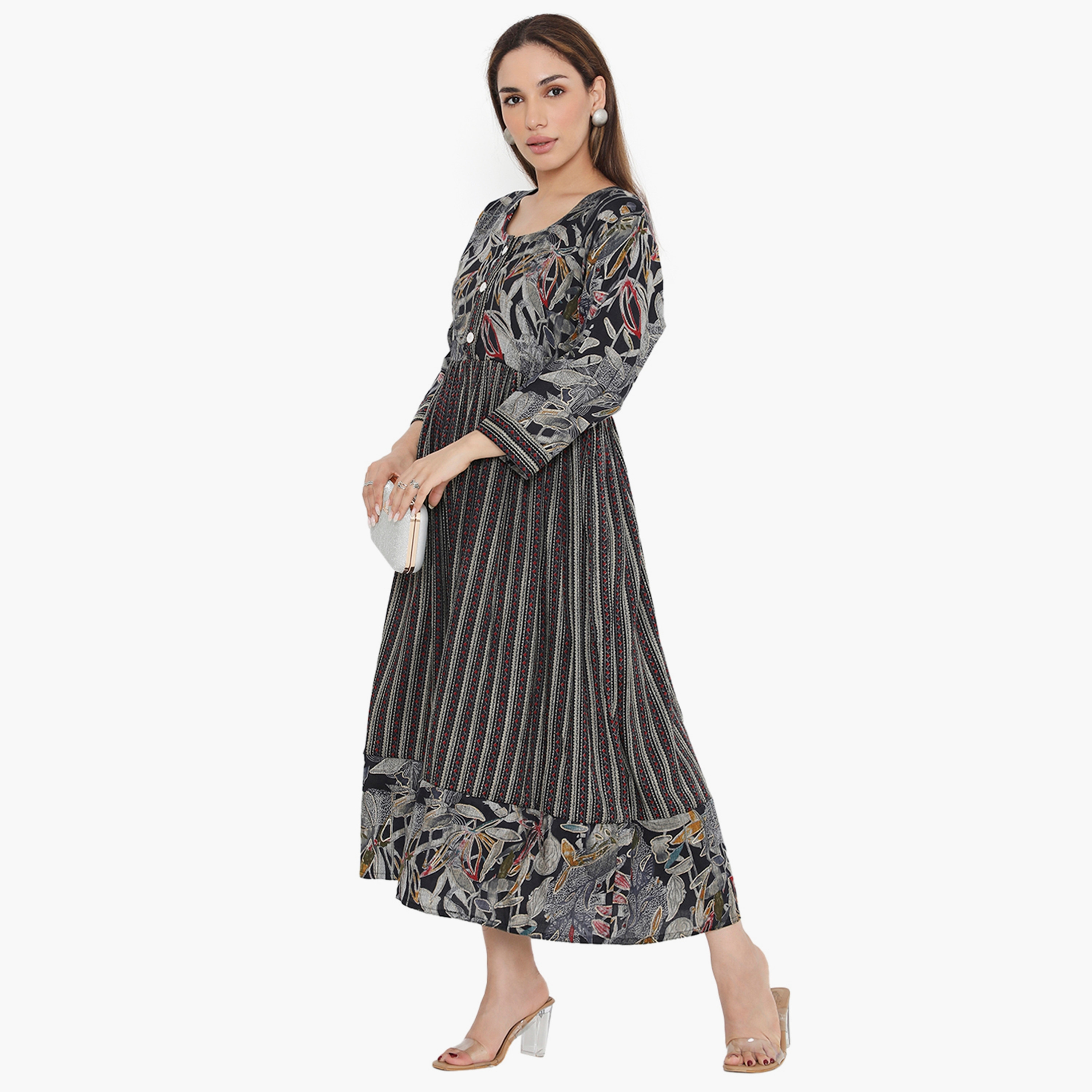 Hana & Sara Print and Stripes Pleated Women's Jalabiya-women-arabicclothing-jalabiyas-image-8
