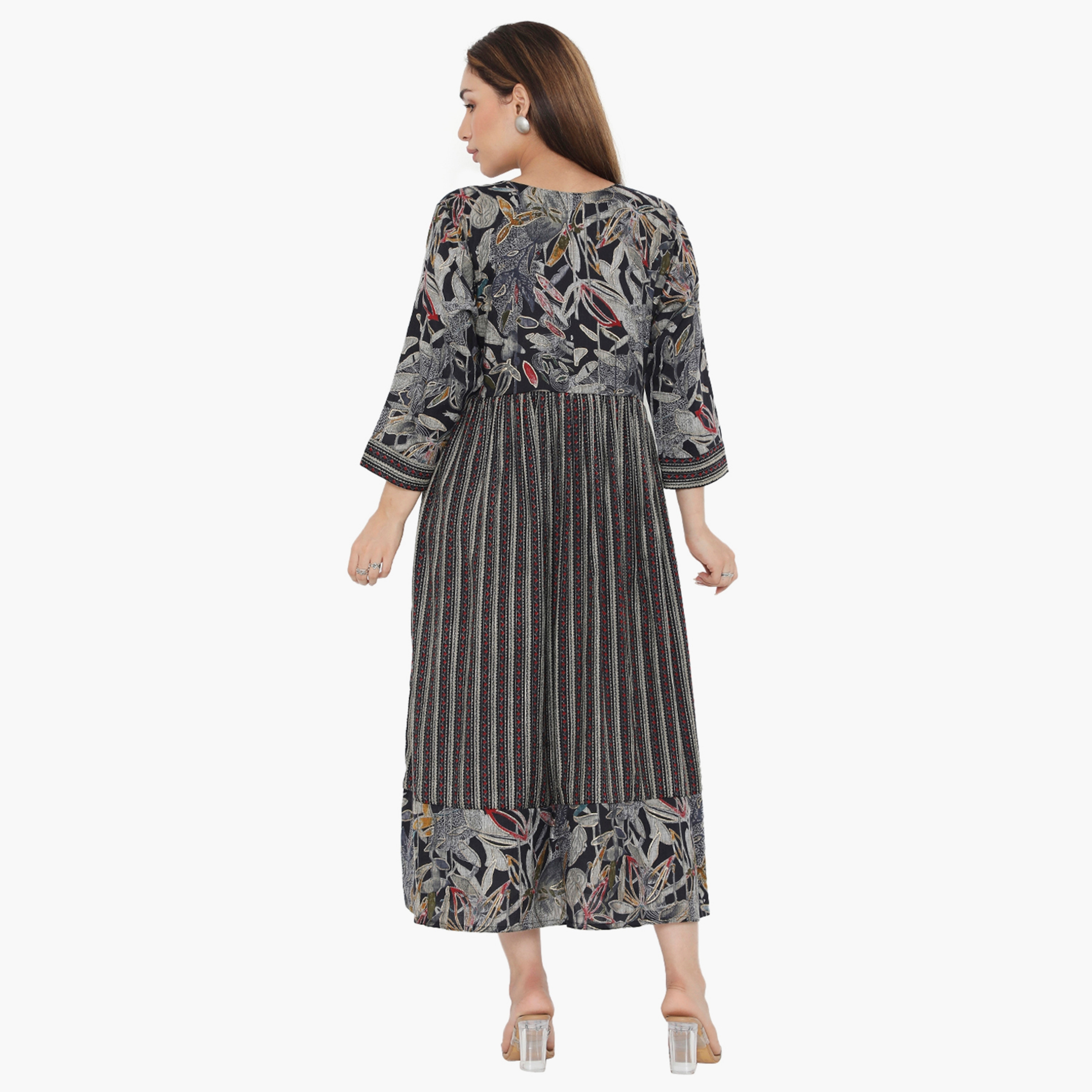 Hana & Sara Print and Stripes Pleated Women's Jalabiya-women-arabicclothing-jalabiyas-image-10