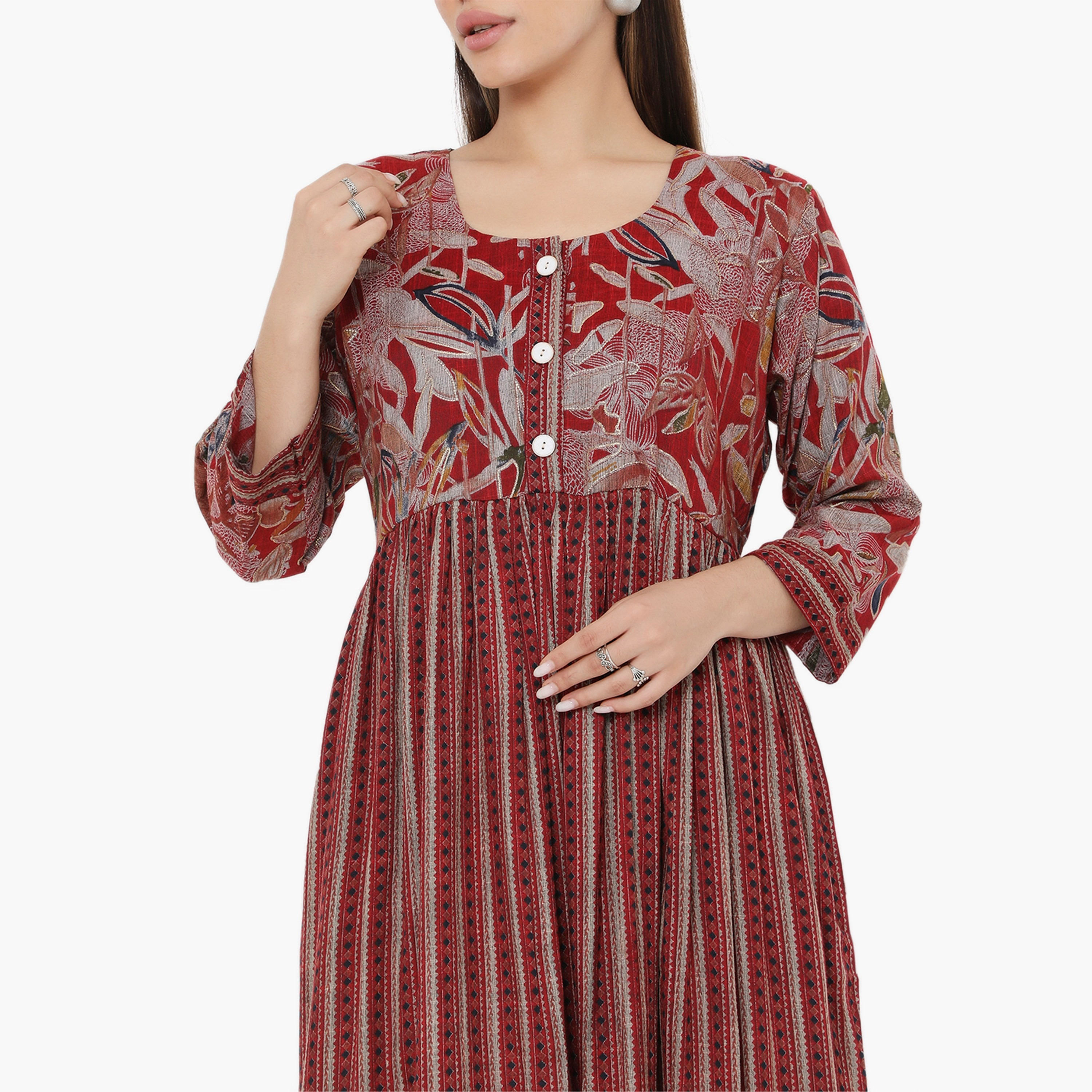 Hana & Sara Print and Stripes Pleated Women's Jalabiya-women-arabicclothing-jalabiyas-image-2