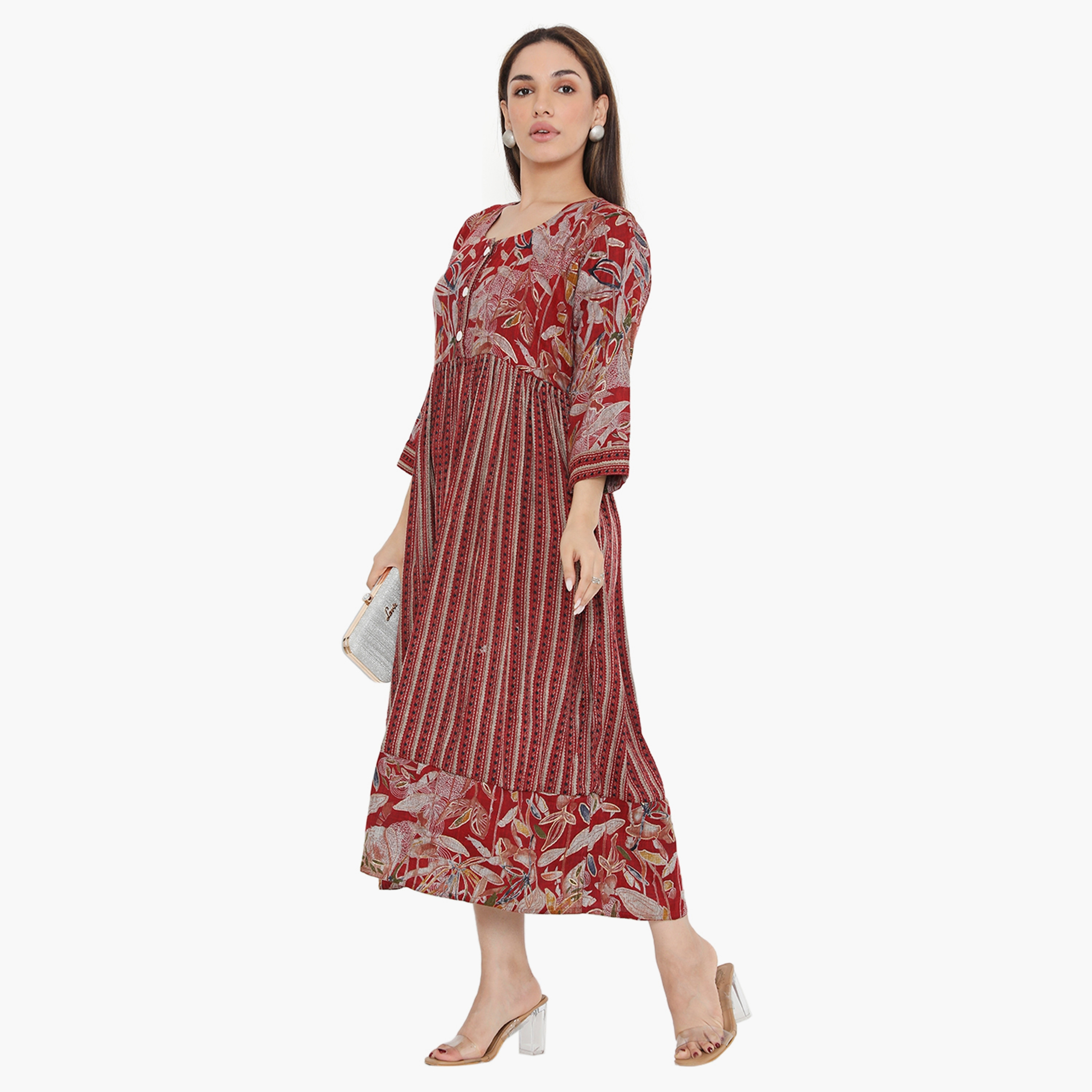 Hana & Sara Print and Stripes Pleated Women's Jalabiya-women-arabicclothing-jalabiyas-image-3