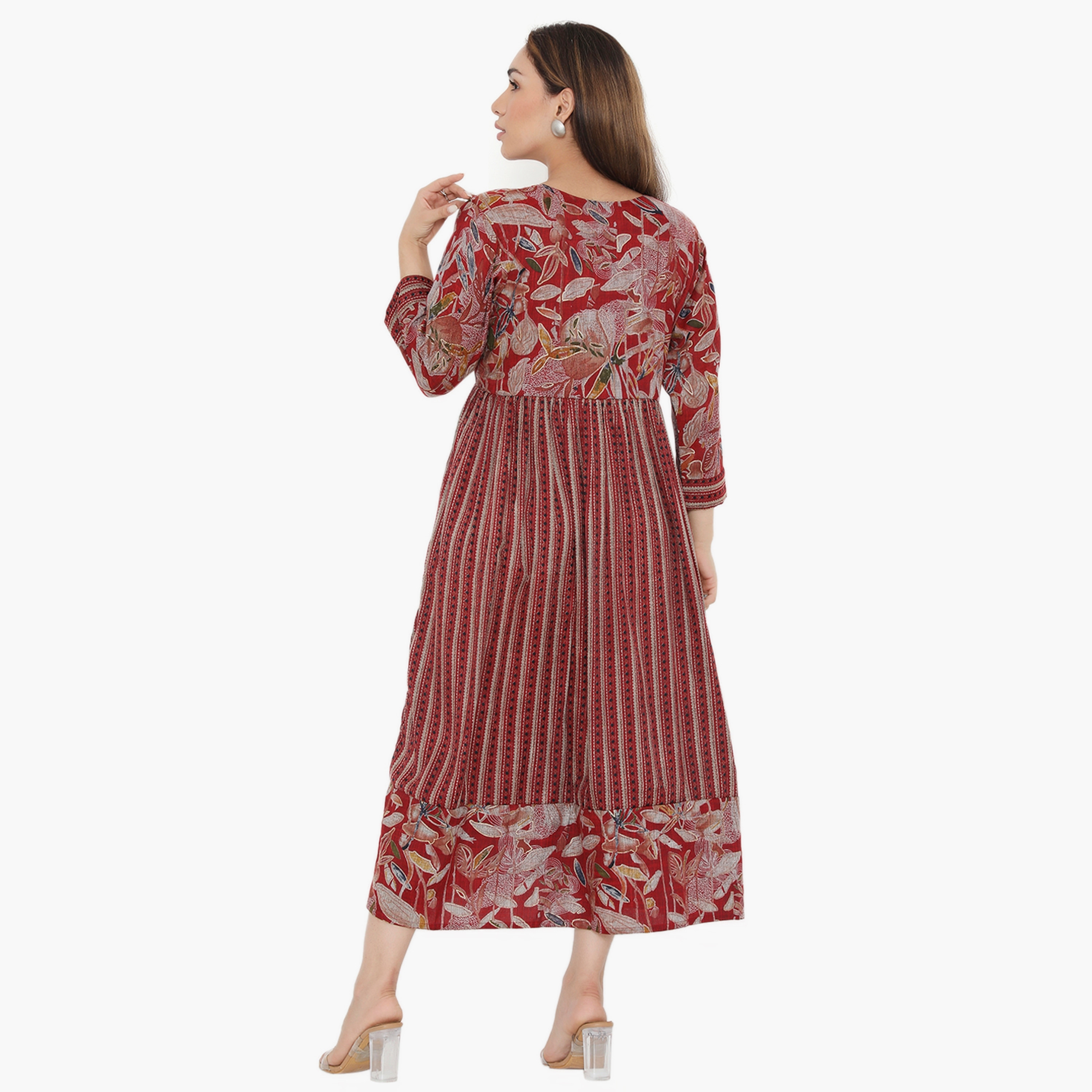 Hana & Sara Print and Stripes Pleated Women's Jalabiya-women-arabicclothing-jalabiyas-image-5