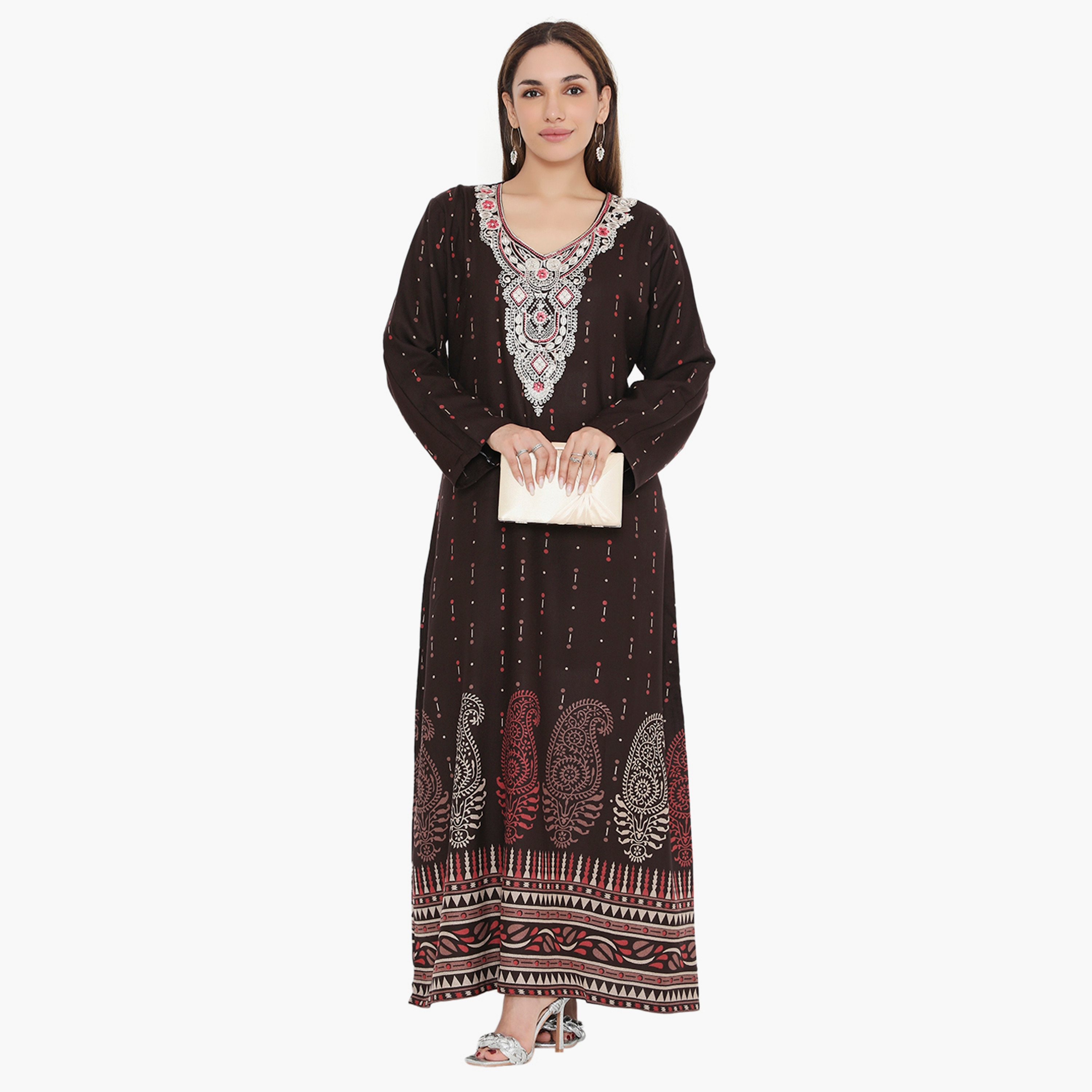 جلابية نسائية مطرزة بطبعة كاملة ومطرزة ذات يوك من هناء وسارة باللون البني-women-arabicclothing-jalabiyas-image-1