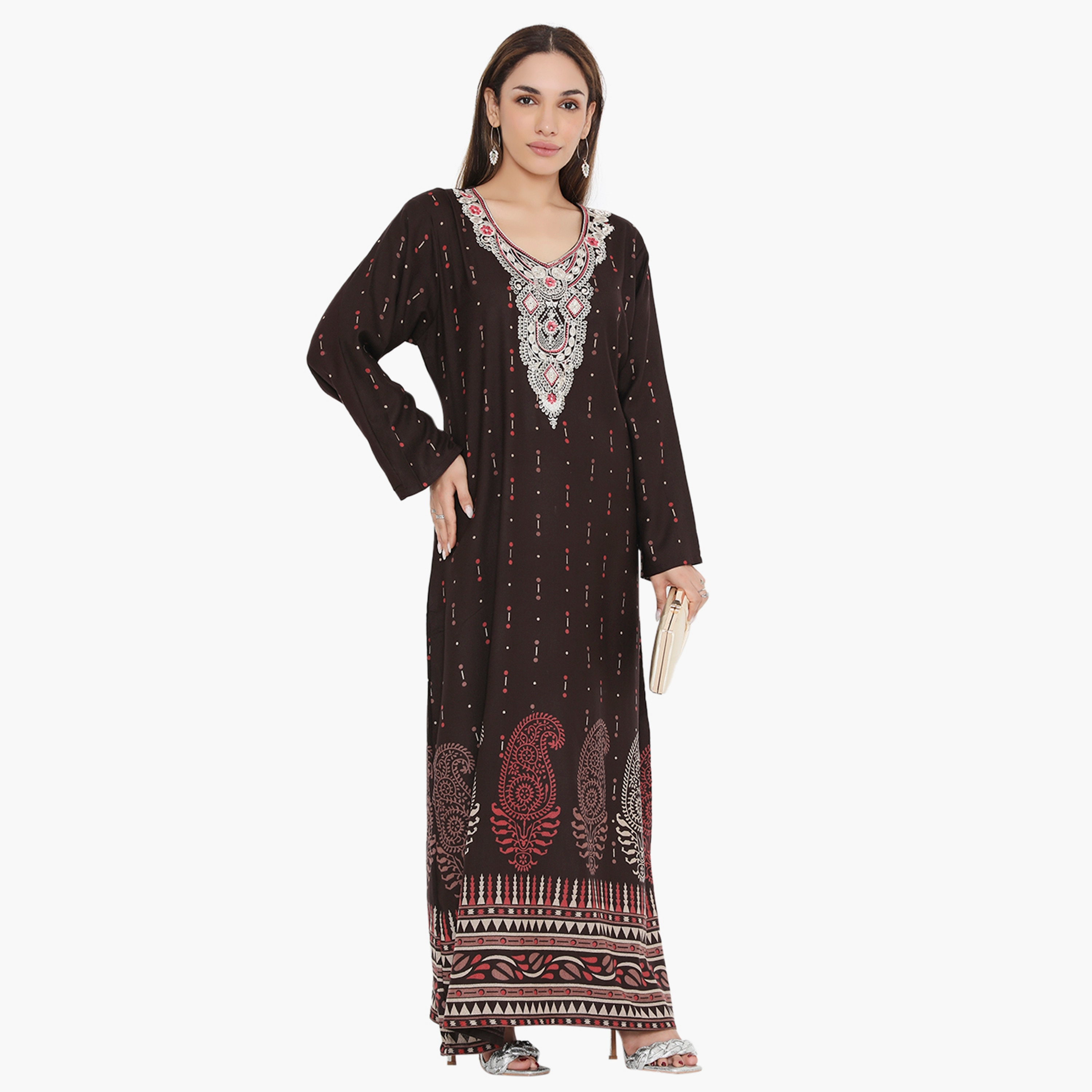 جلابية نسائية مطرزة بطبعة كاملة ومطرزة ذات يوك من هناء وسارة باللون البني-women-arabicclothing-jalabiyas-image-4
