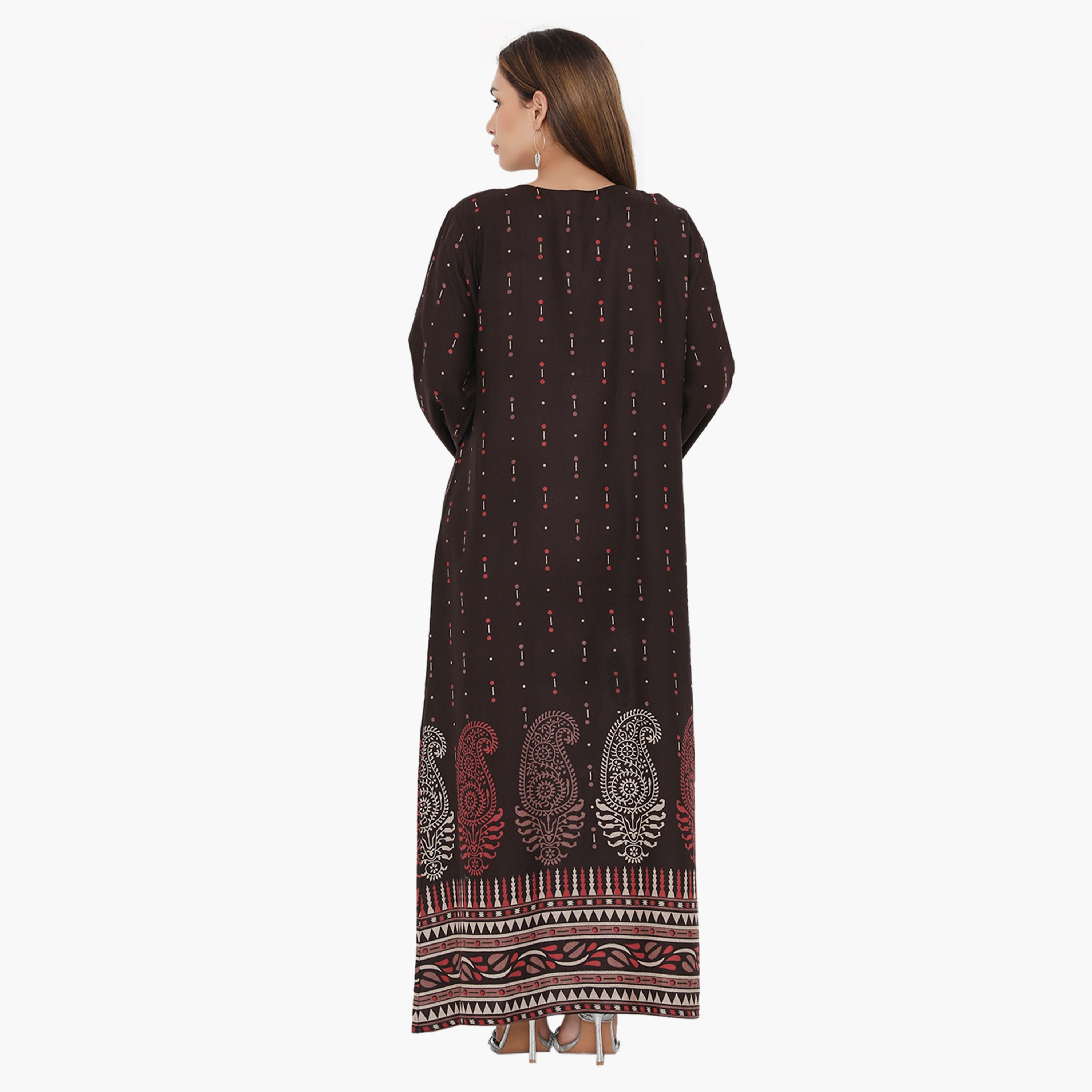 جلابية نسائية مطرزة بطبعة كاملة ومطرزة ذات يوك من هناء وسارة باللون البني-women-arabicclothing-jalabiyas-image-5