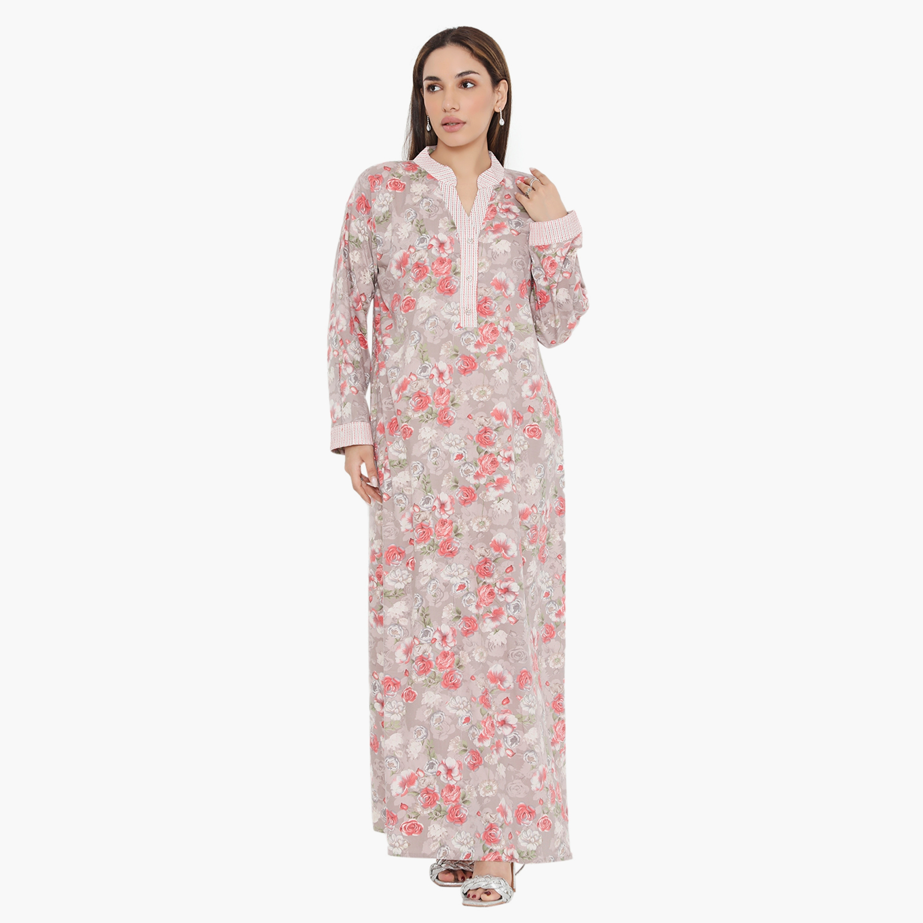 جلابية نسائية مزينة بالورود والخطوط ذات يوك من هناء وسارة-women-arabicclothing-jalabiyas-image-1