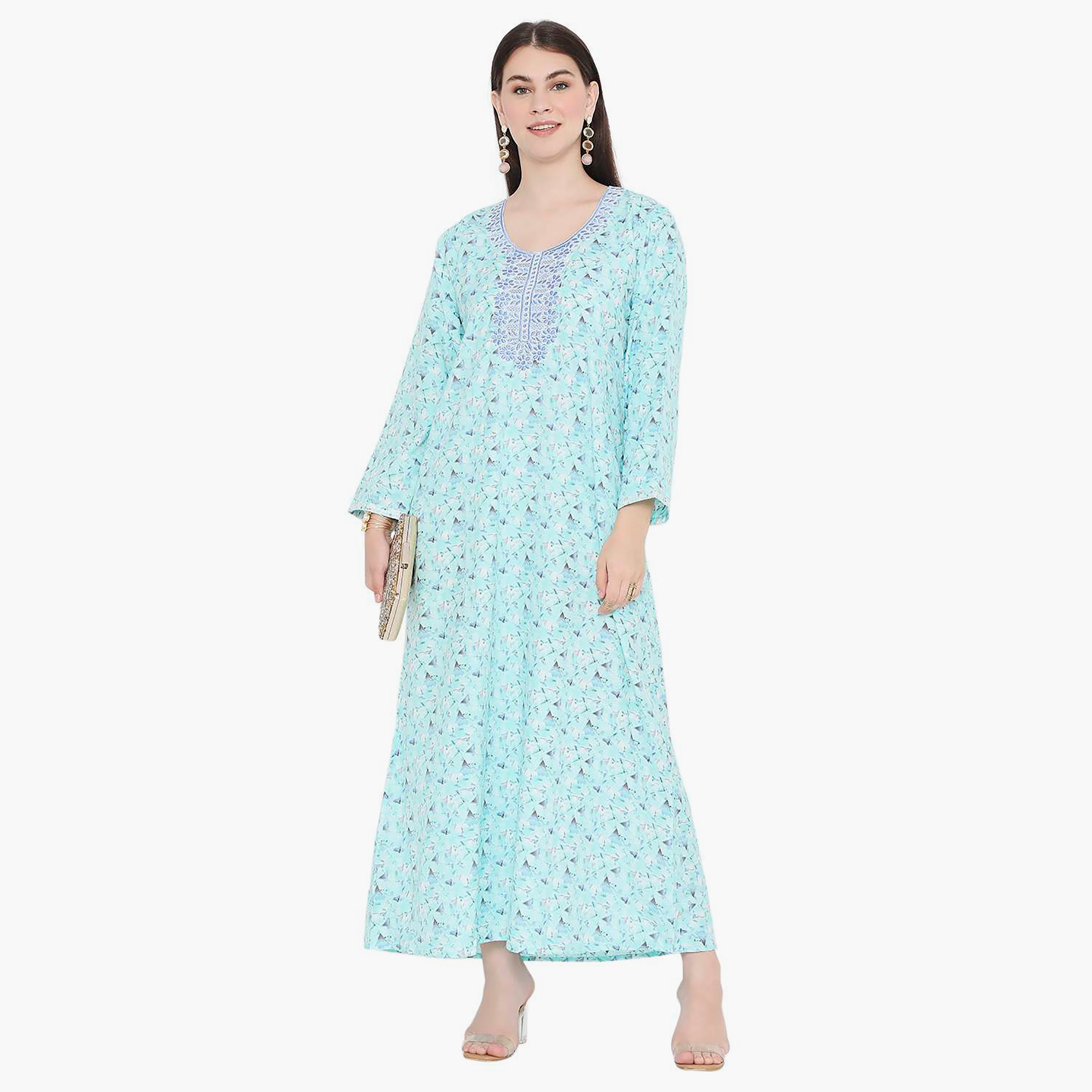 Hana & Sara All Over Print and Embroidered Yoke Jalabiya-women-arabicclothing-jalabiyas-image-1